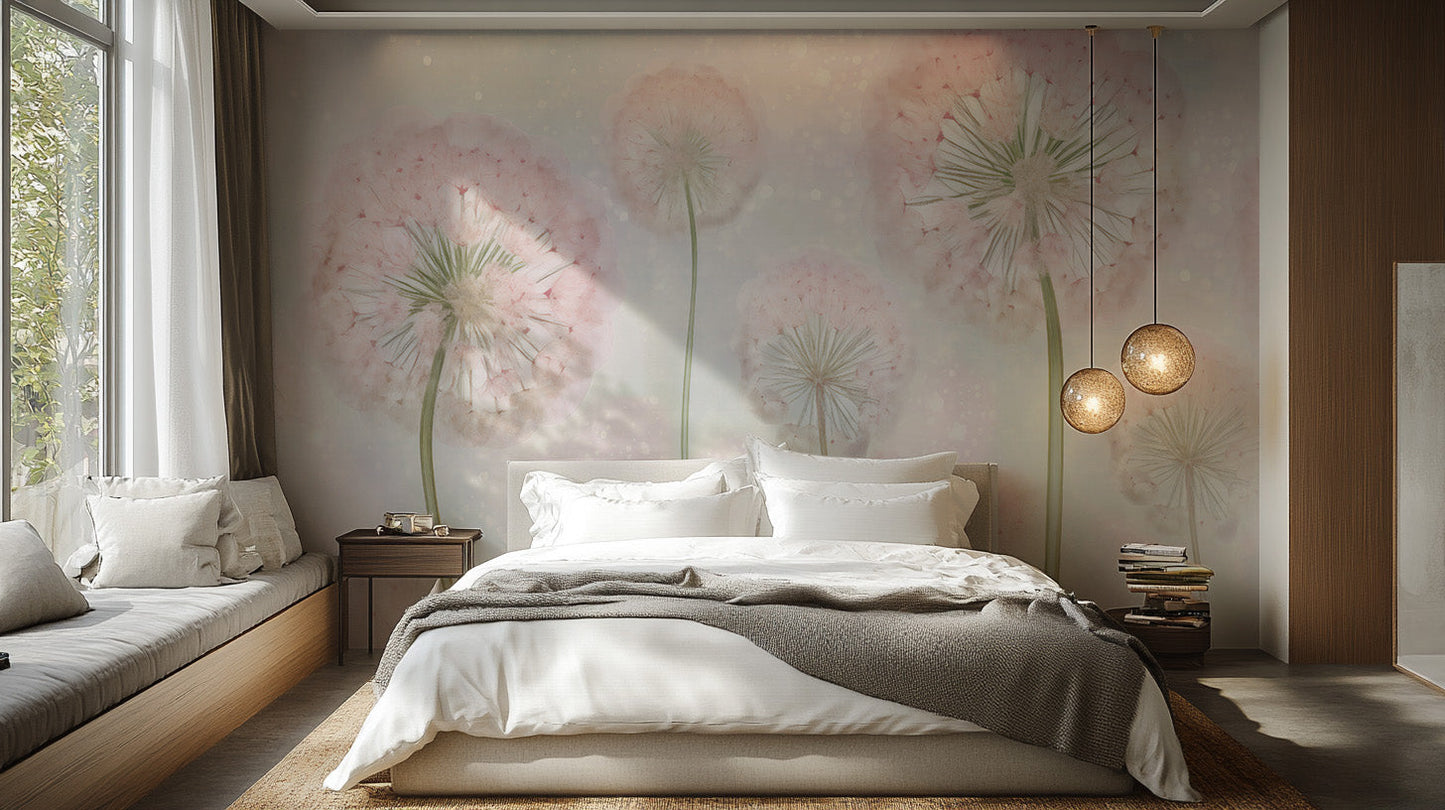 Transform your room with pink dandelion seeds wallpaper murals.