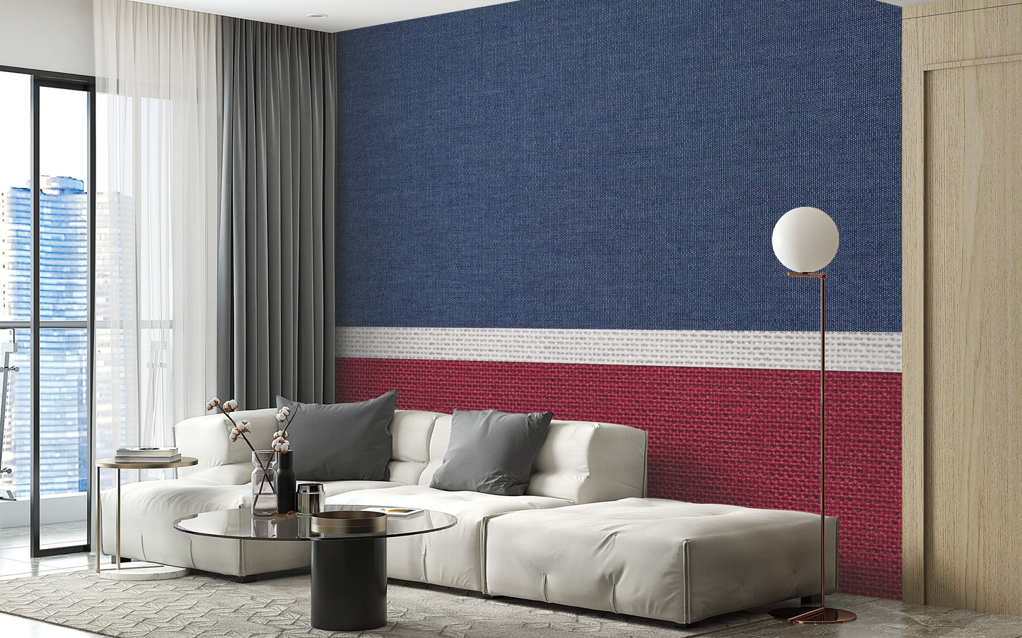 Dual-tone fabric wallpaper mural in blue red
