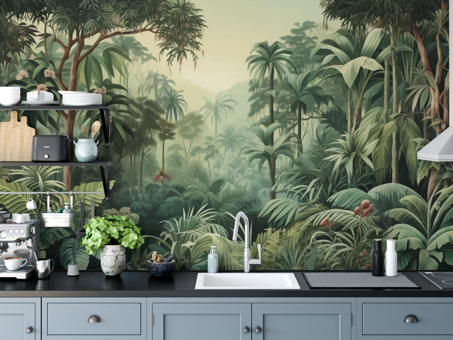 Misty Forest Colorful Tropical Scene Tree Wallpaper Mural - Giffywalls