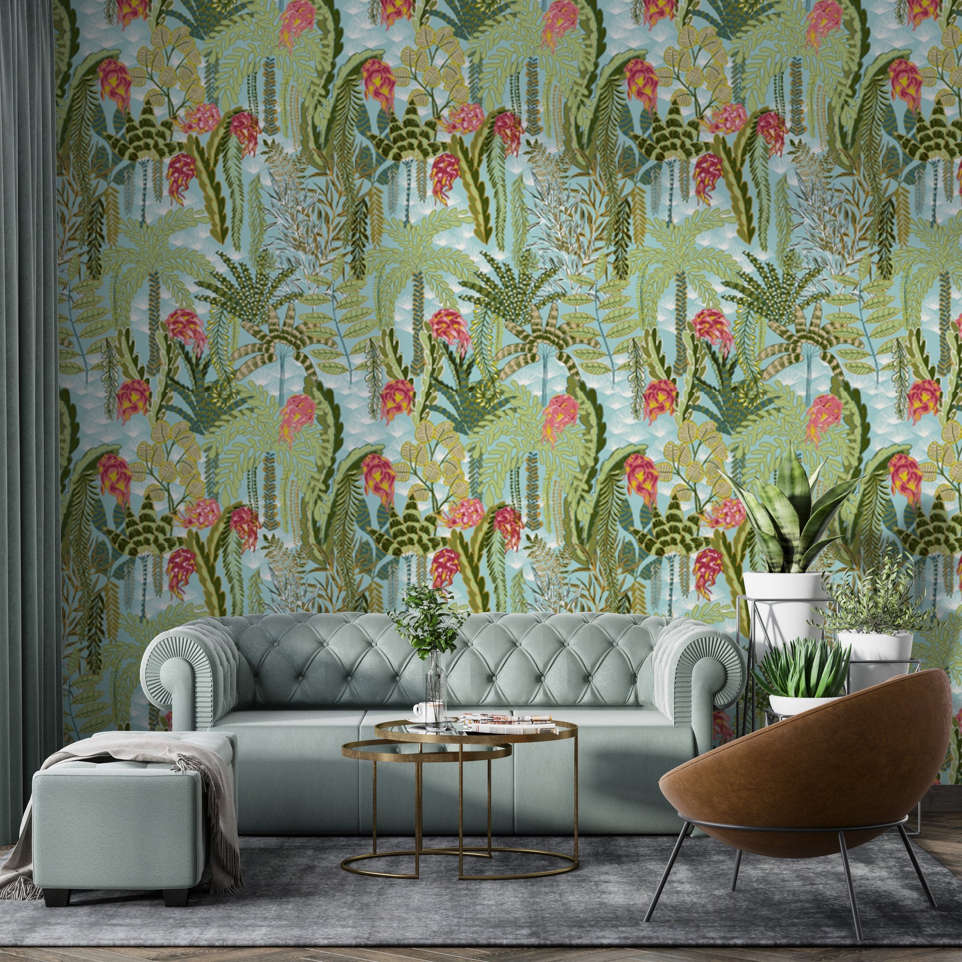 Modern Exotic Mint Botanical wallpaper for stylish spaces.
