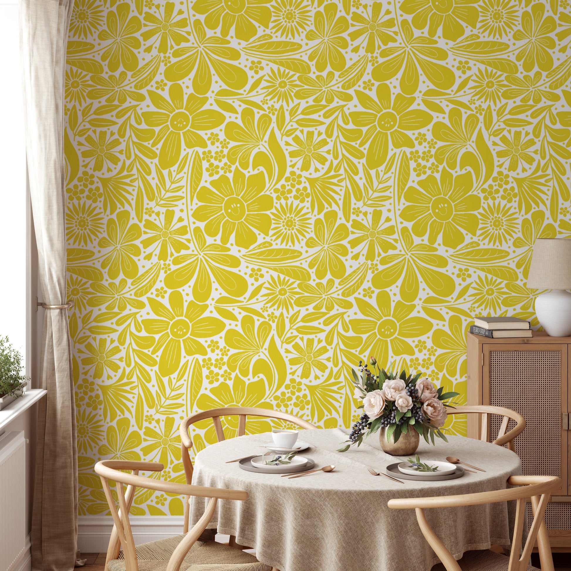 Happy blooms yellow wallpaper for vibrant and joyful wall decor.
