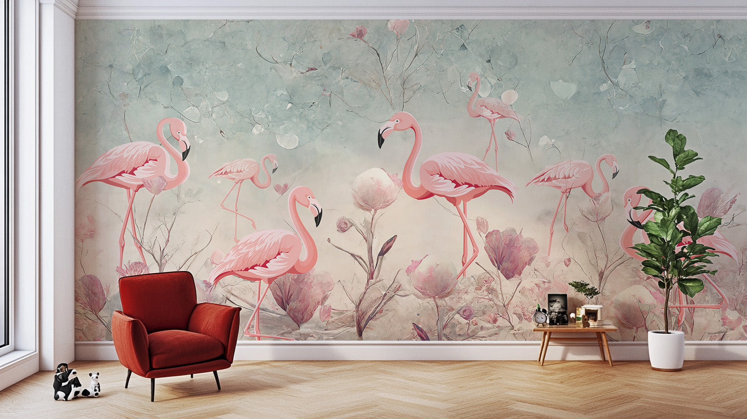 Mystic Flamingo Grove wallpaper mural for a tranquil ambiance.
