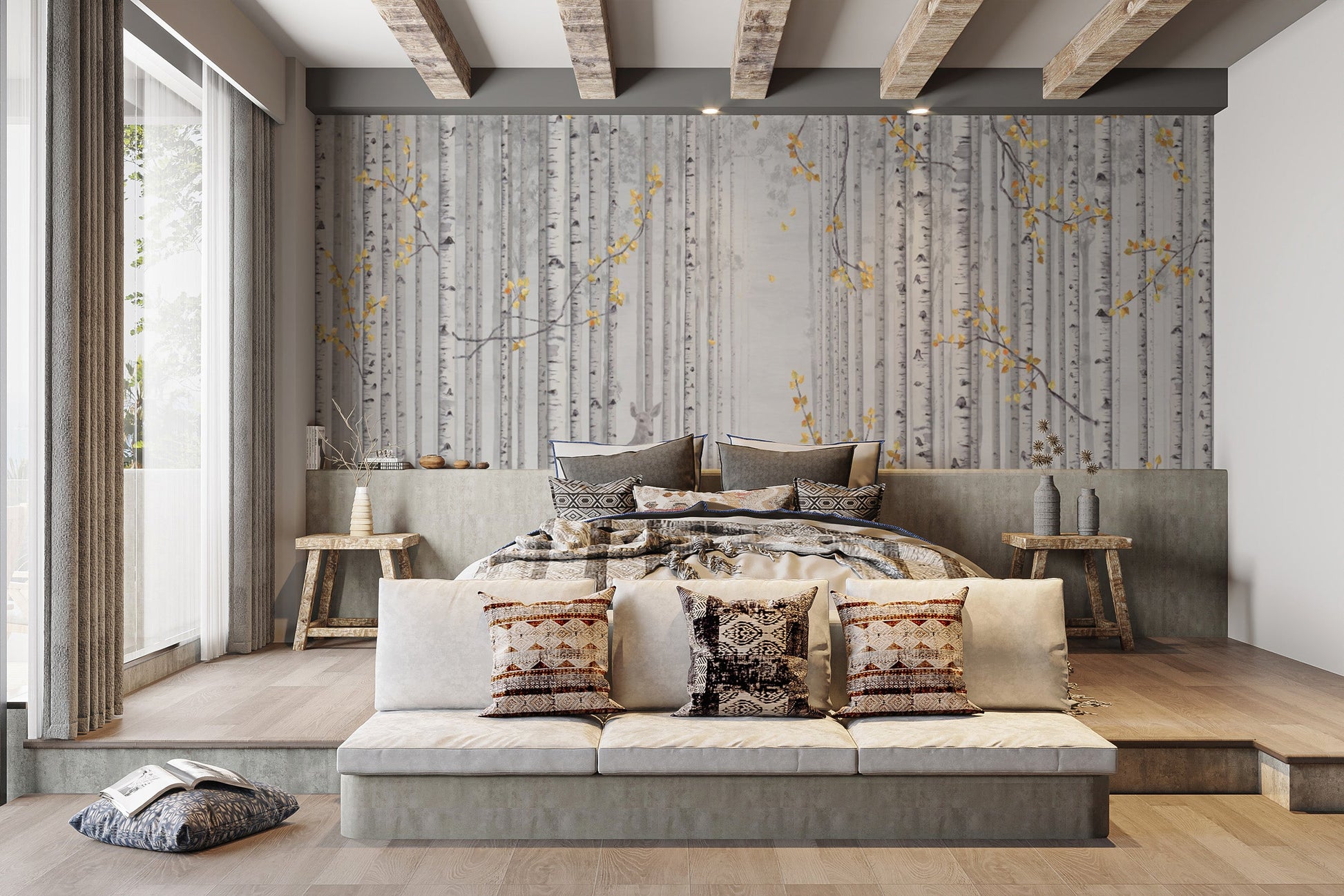 Scenic birch tree mural in gray and yellow tones