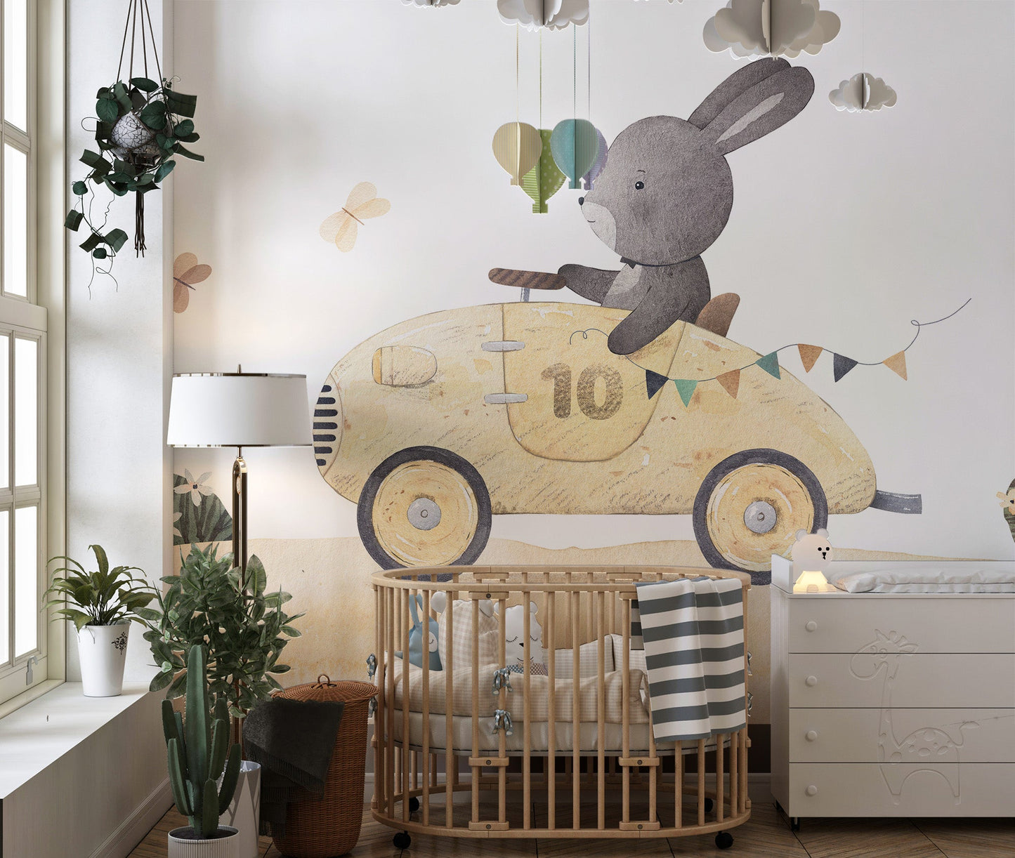 Playful Bunny Car Ride Kids Wall Mural - Giffywalls