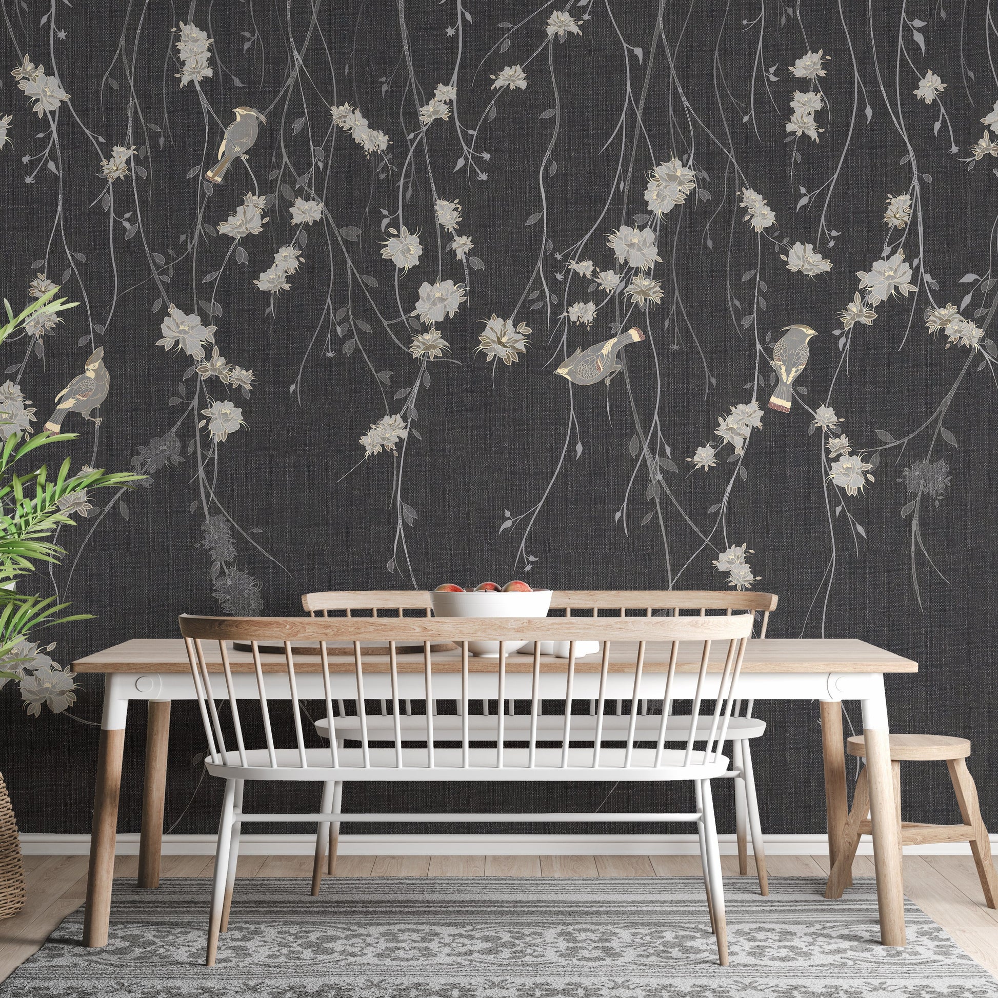 Beautiful Dark Black Flowers & Birds Wallpaper Mural - Giffywalls