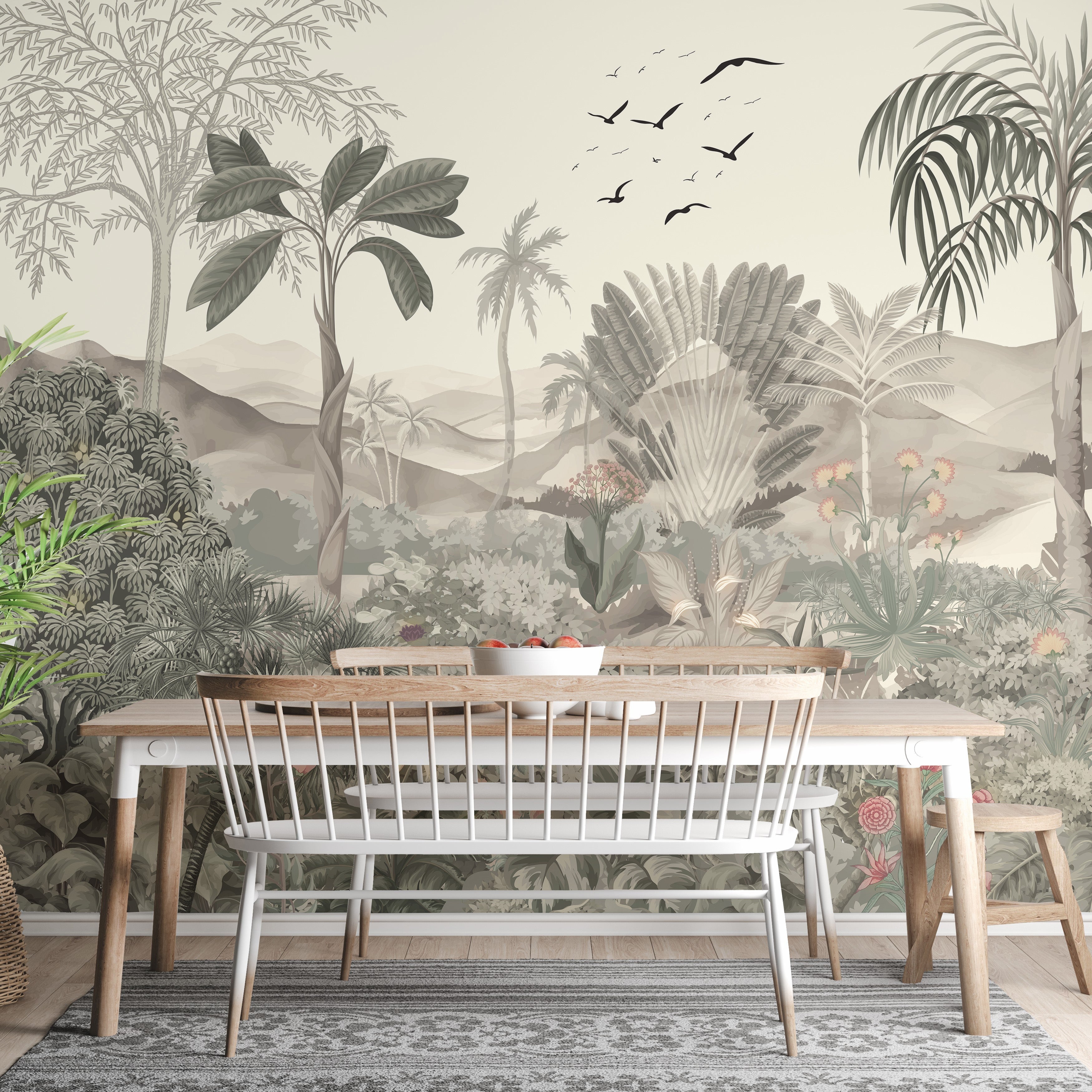 Lush forest tones wallpaper mural design
