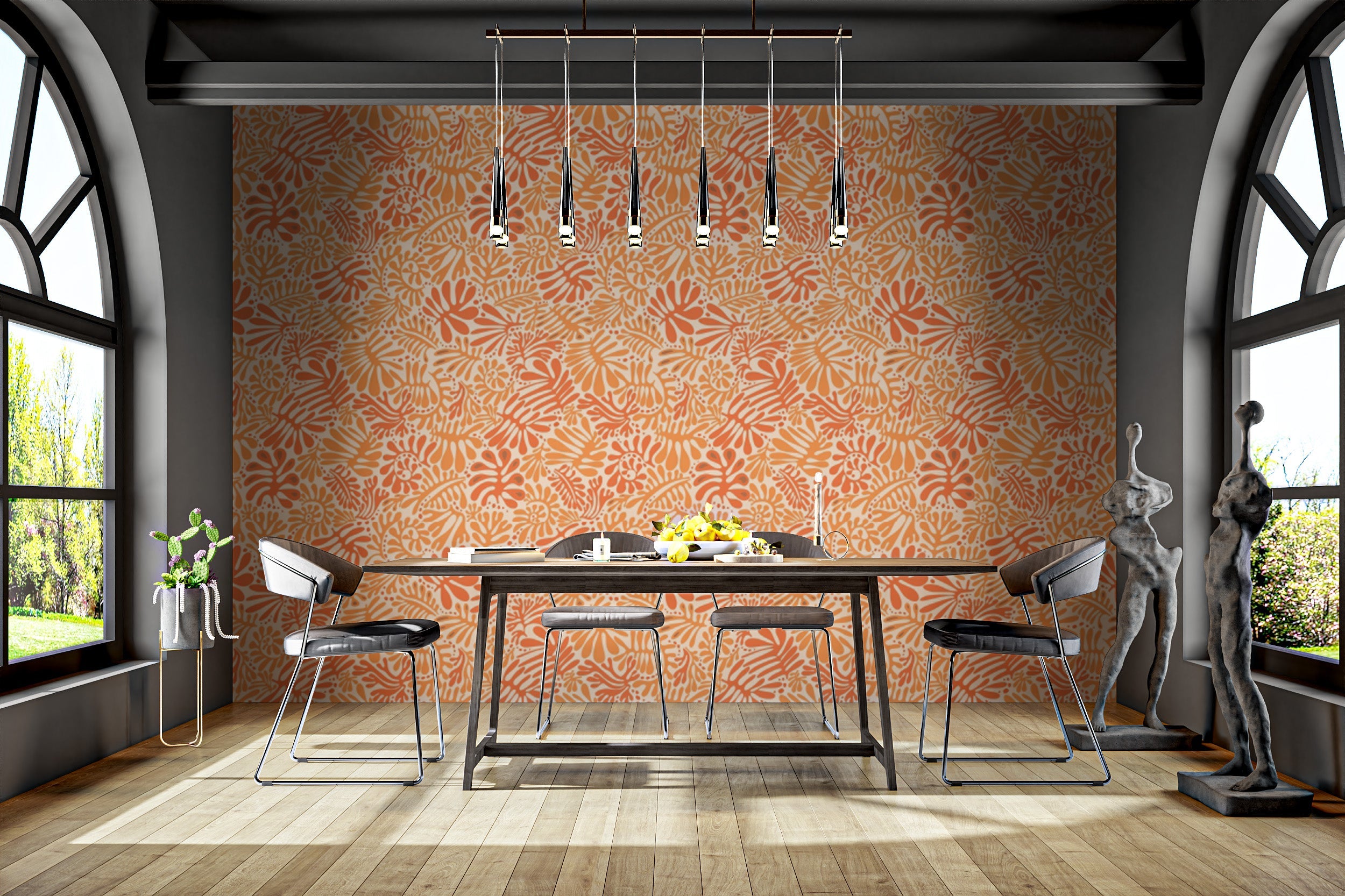 Chic wallpaper with tangerine leaf accents