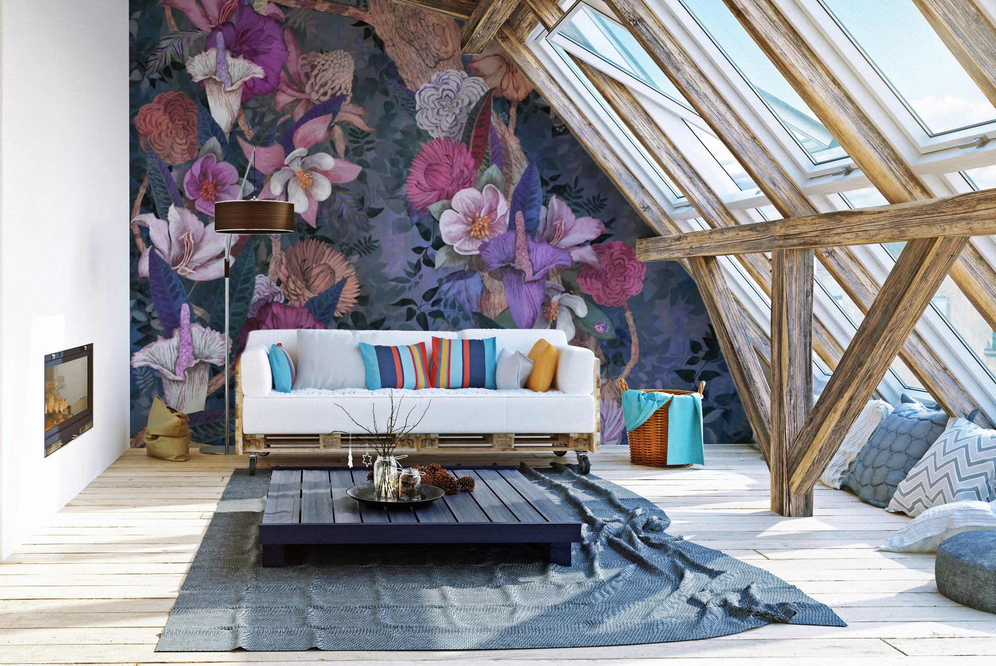 Bold vibrant floral wallpaper mural design