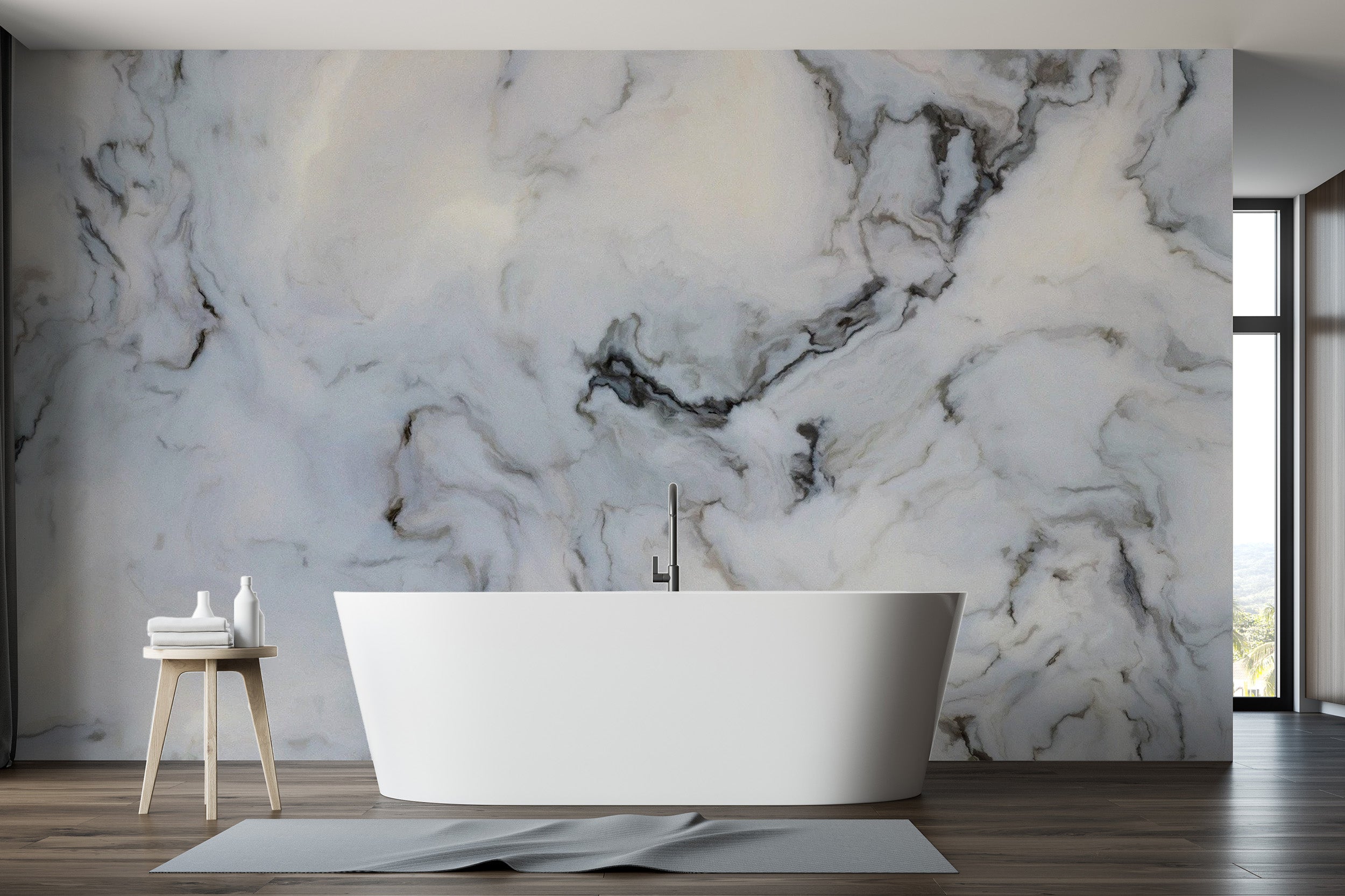 Realistic marble peel and stick wallpaper with natural veining.