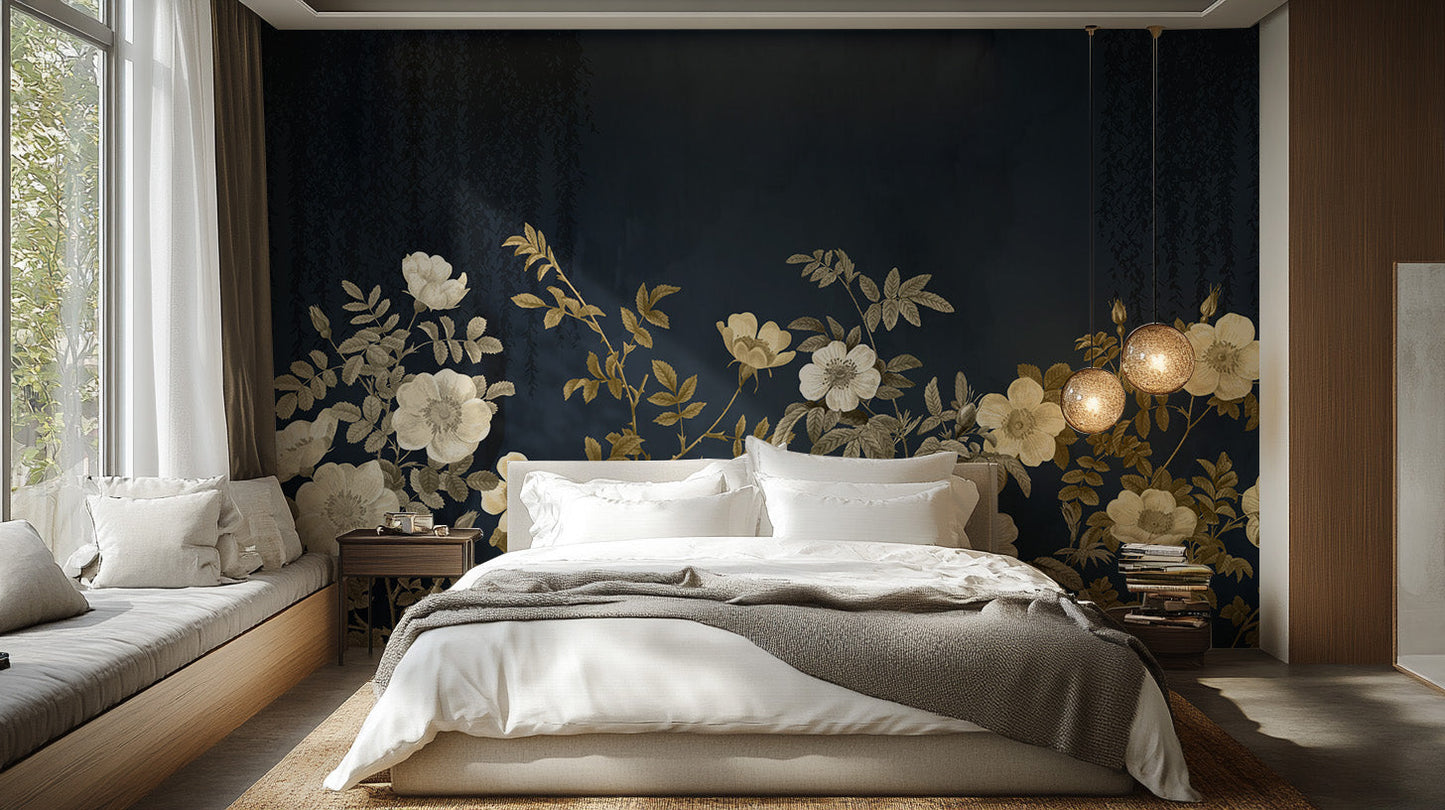 Refined midnight gold flora wallpaper mural for opulent decor.
