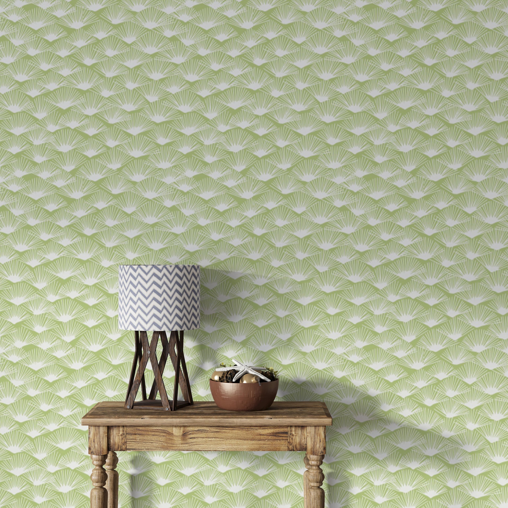 Tropical Fanfare Sage wallpaper blending green and tropical vibes.
