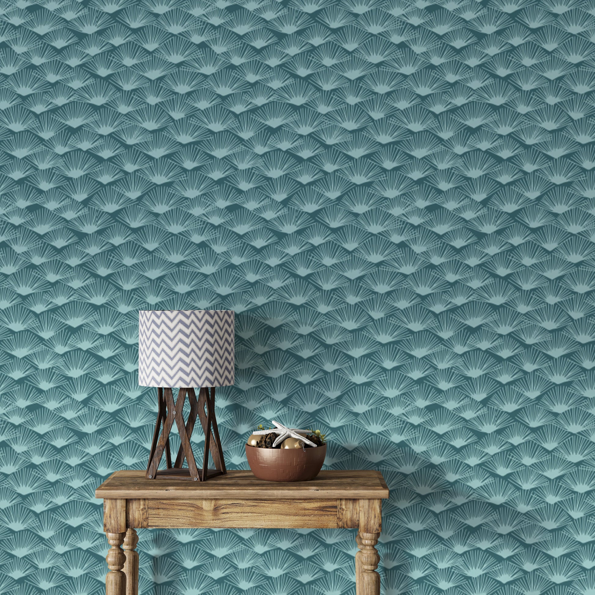 Vibrant Tropical Teal wallpaper with dynamic fan-like motifs.
