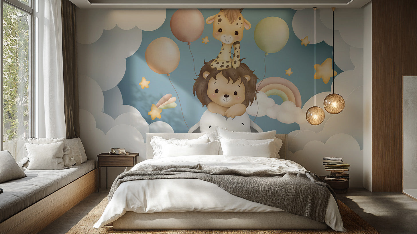 Baby animal balloon fiesta wallpaper mural for joyful decor