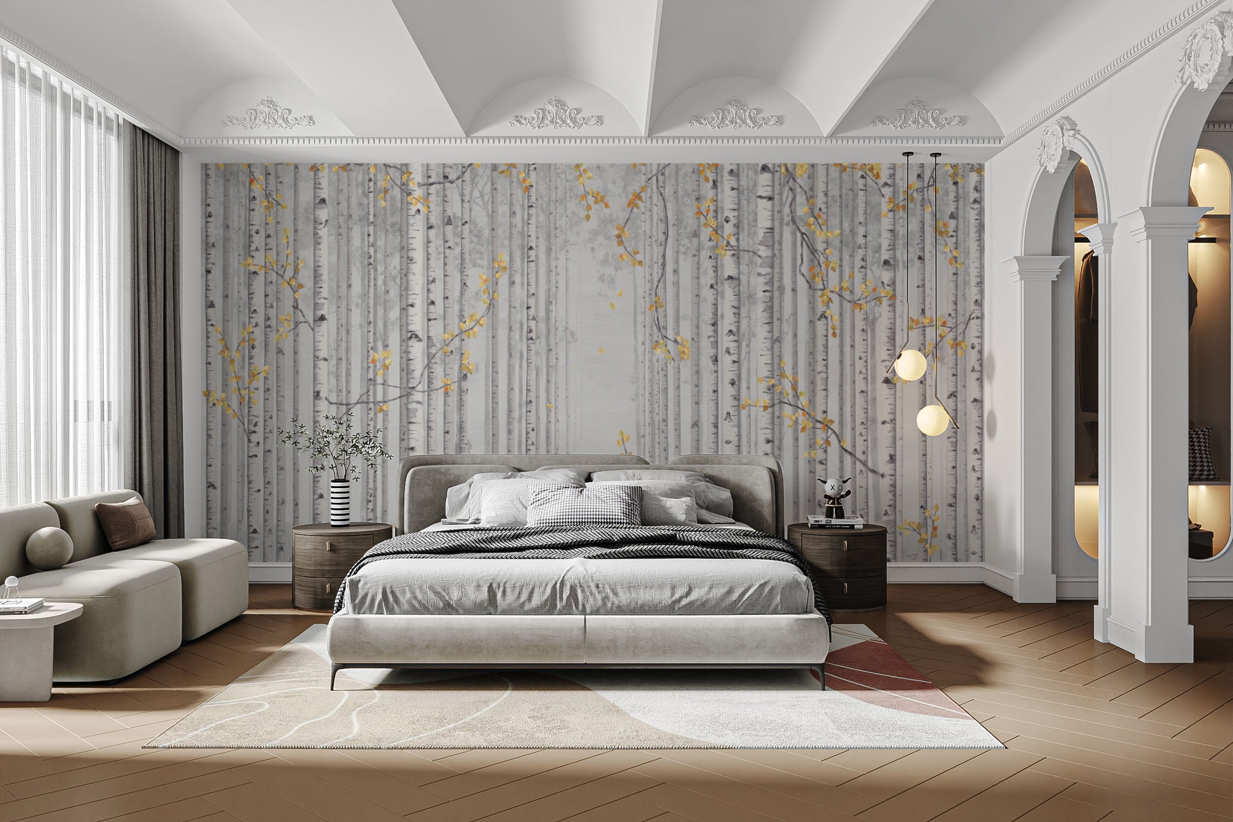 Artistic yellow leaves and birch trees wall decor