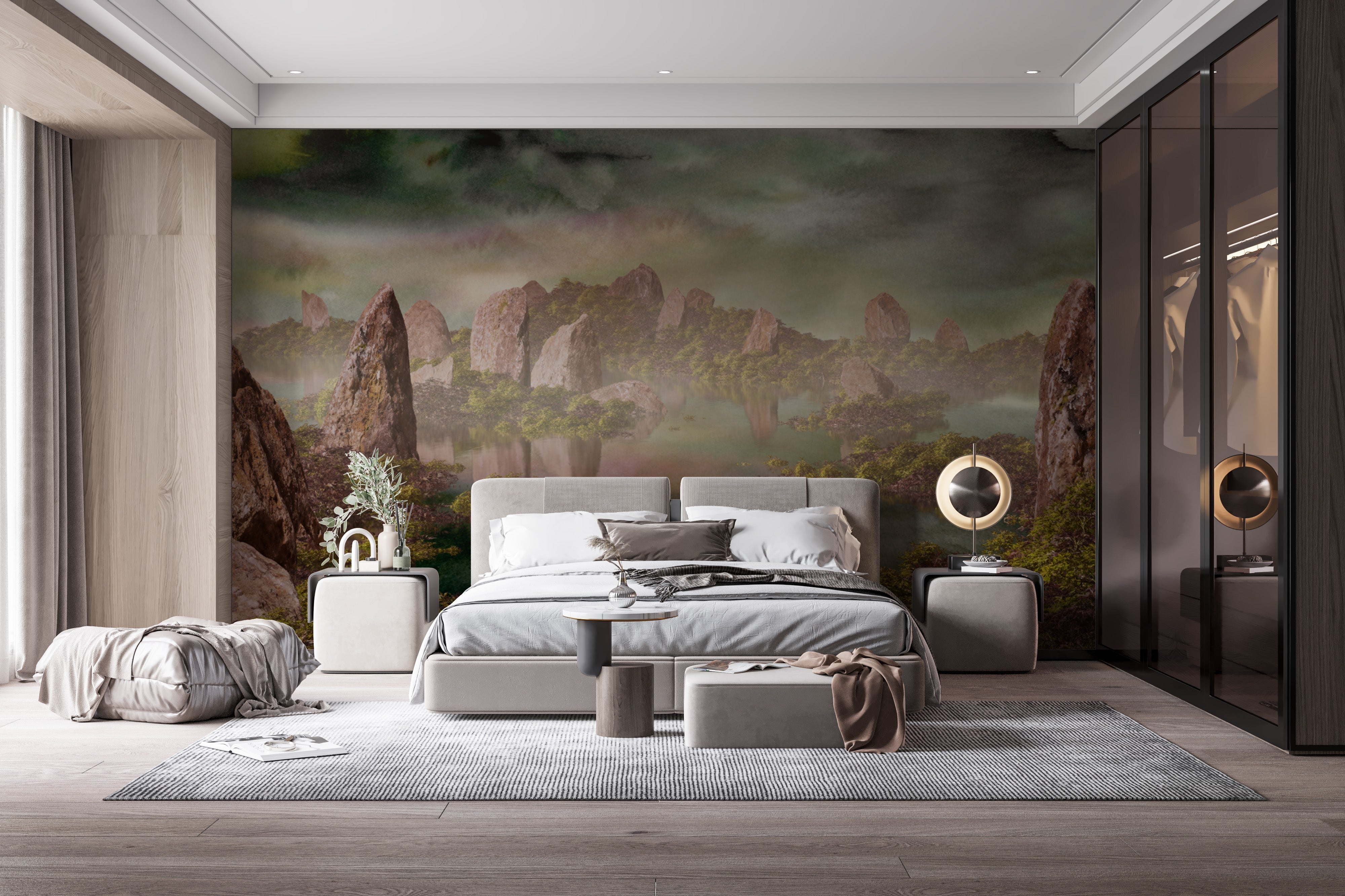 Add elegance with a dramatic green Chinese landscape wall mural.