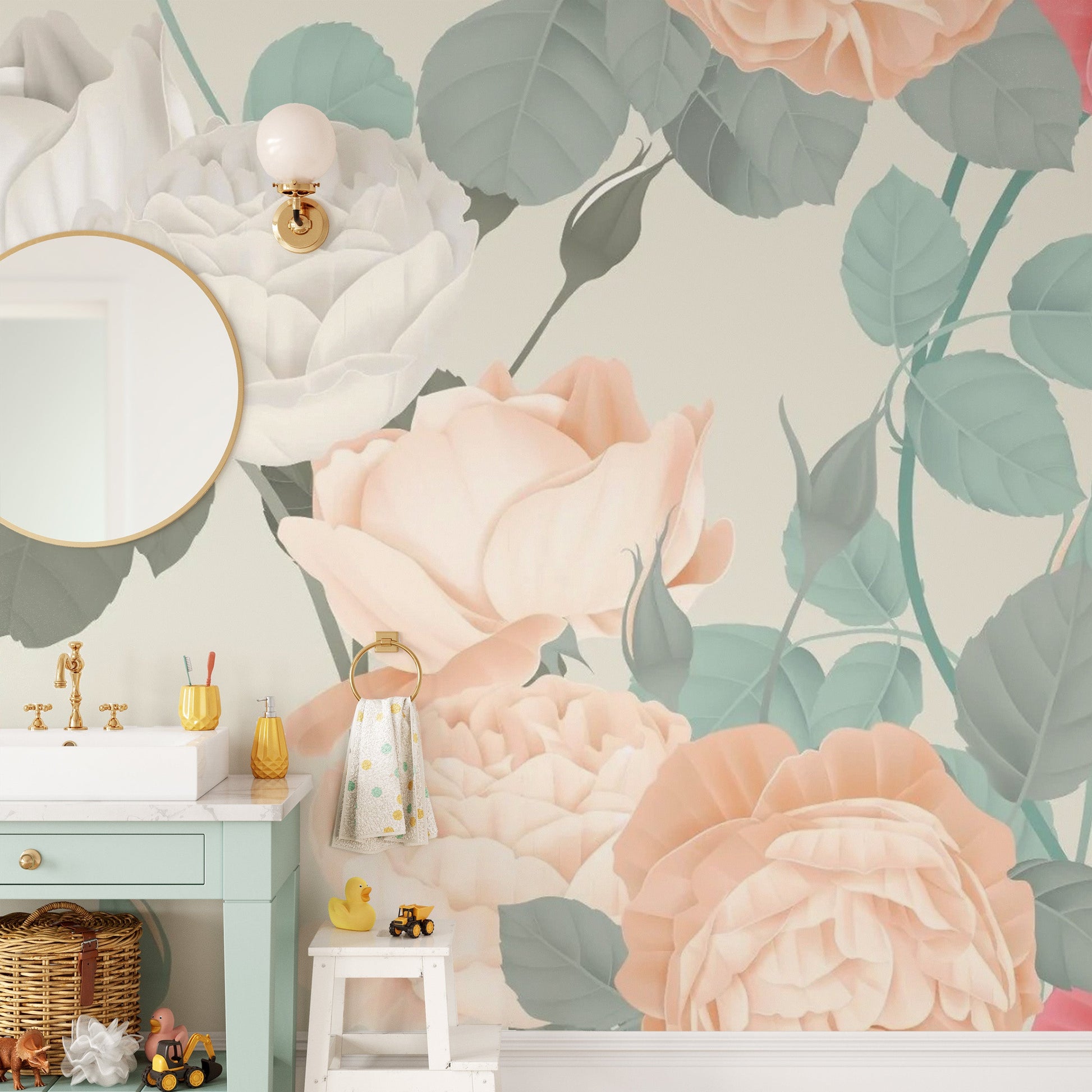 Romantic mural with large white and pink roses
