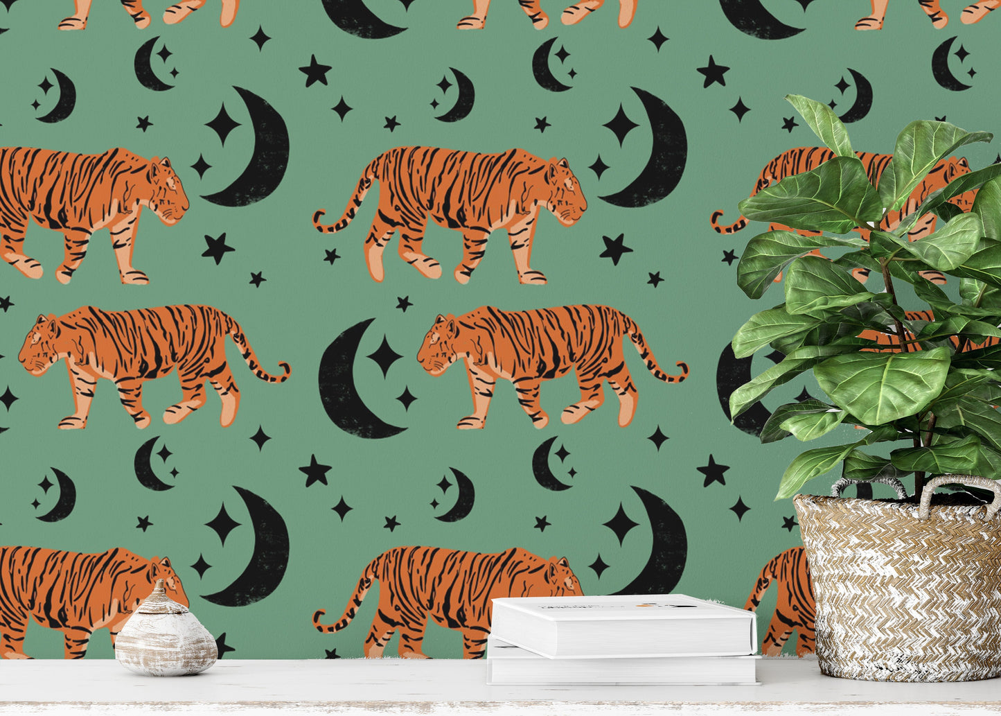 Magical Tiger Moon Green Kids Room Wallpaper