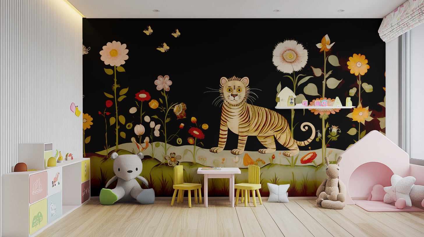 Tibetan flower tiger wallpaper murals for a bold, exotic room design.