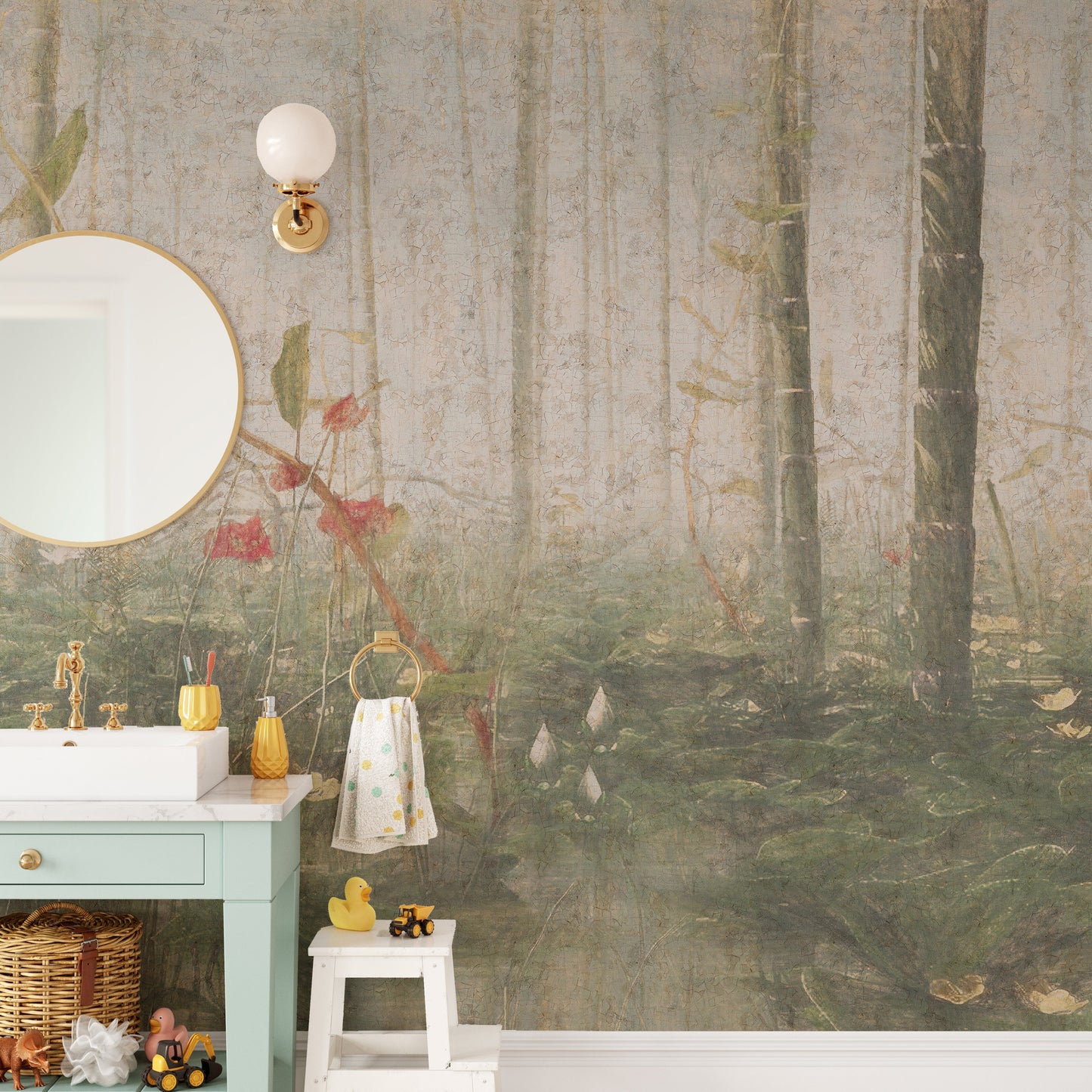 Deciduous forest in fog wall mural design
