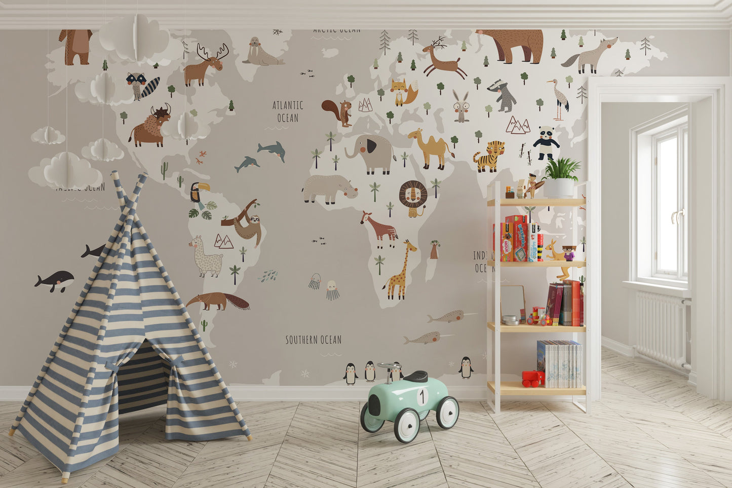 Adorable world map wallpaper for kids' rooms
