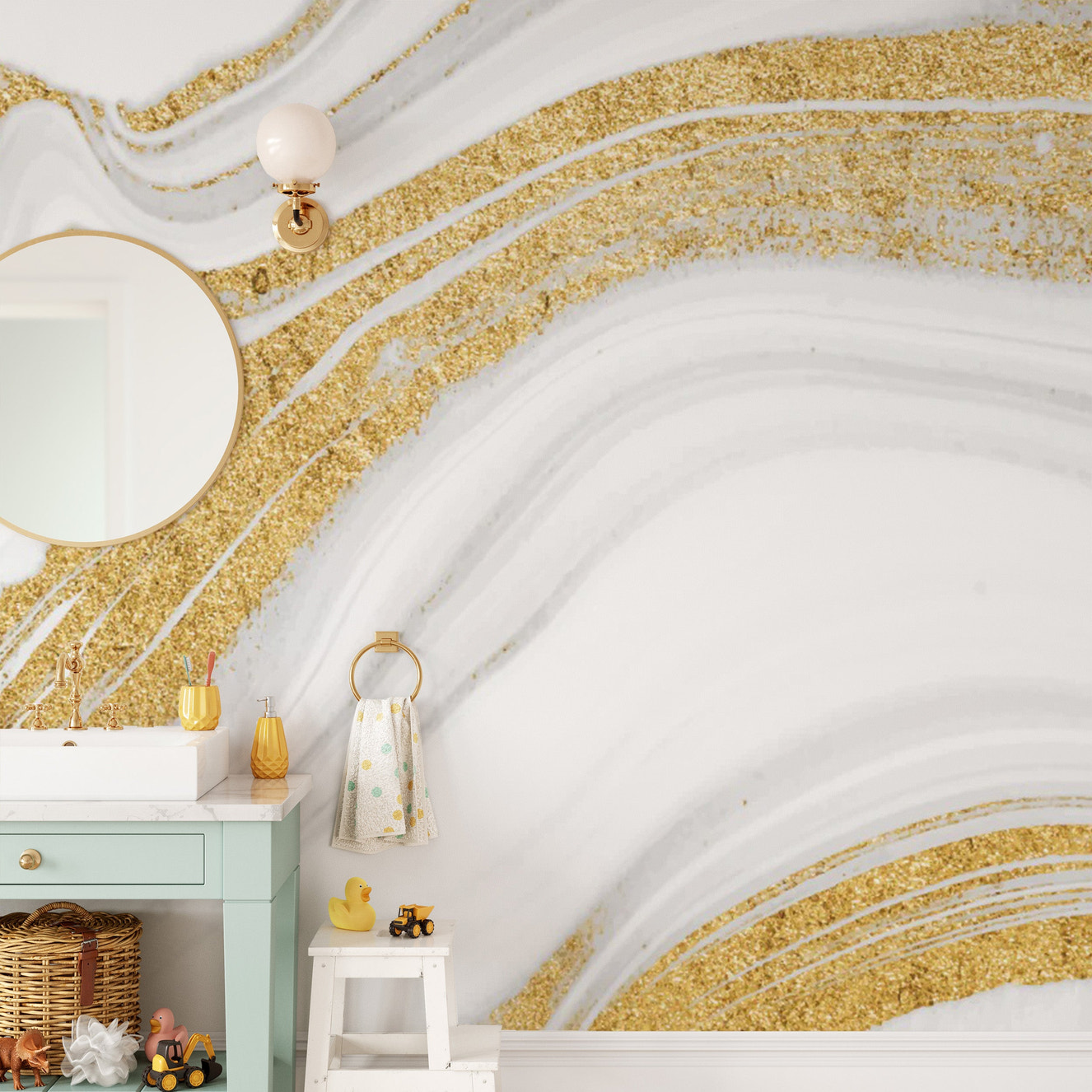 Elegant white and gold marble wallpaper with a luxurious finish.