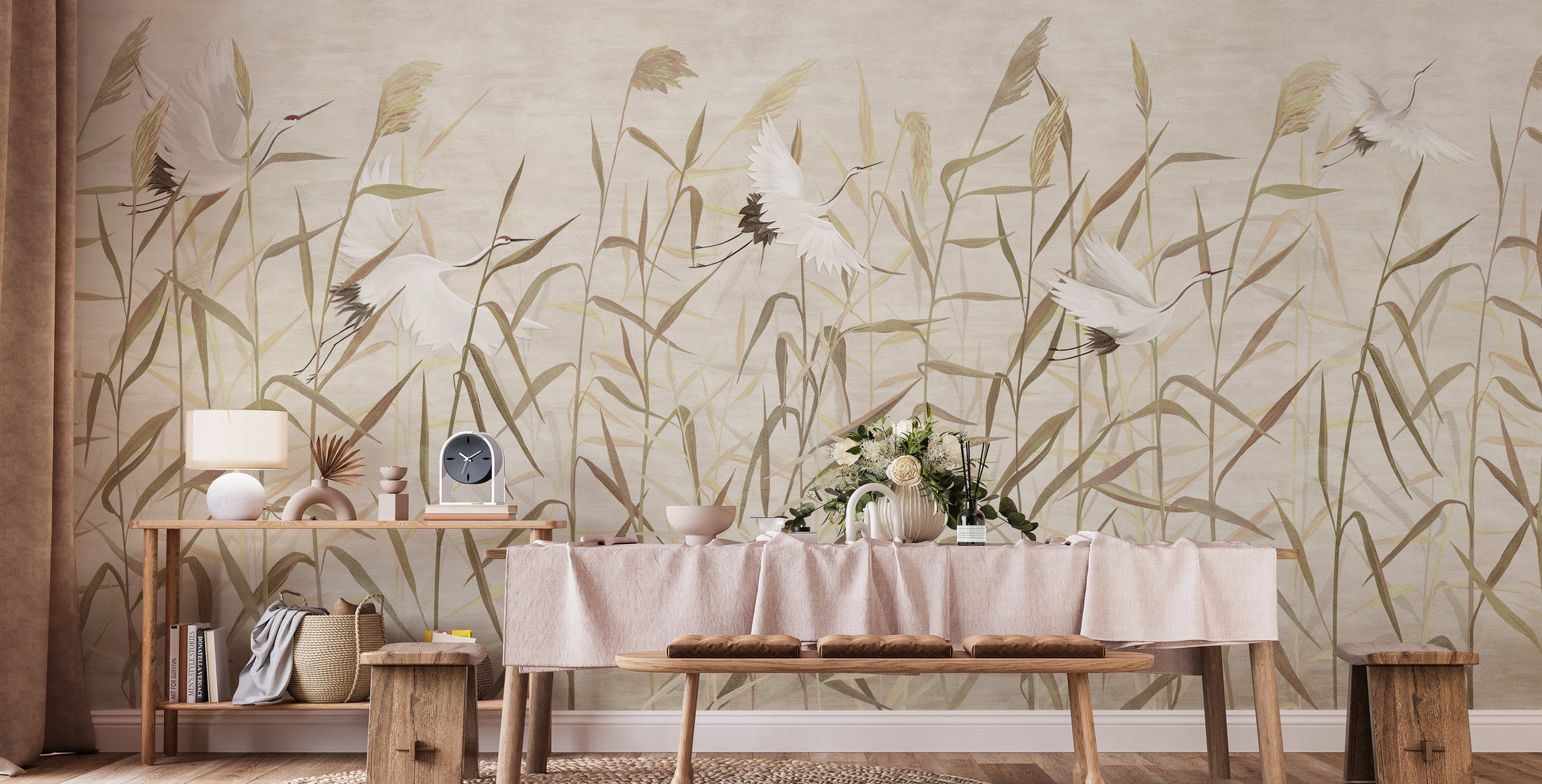 Nature-inspired dusty pink forest wallpaper with heron birds