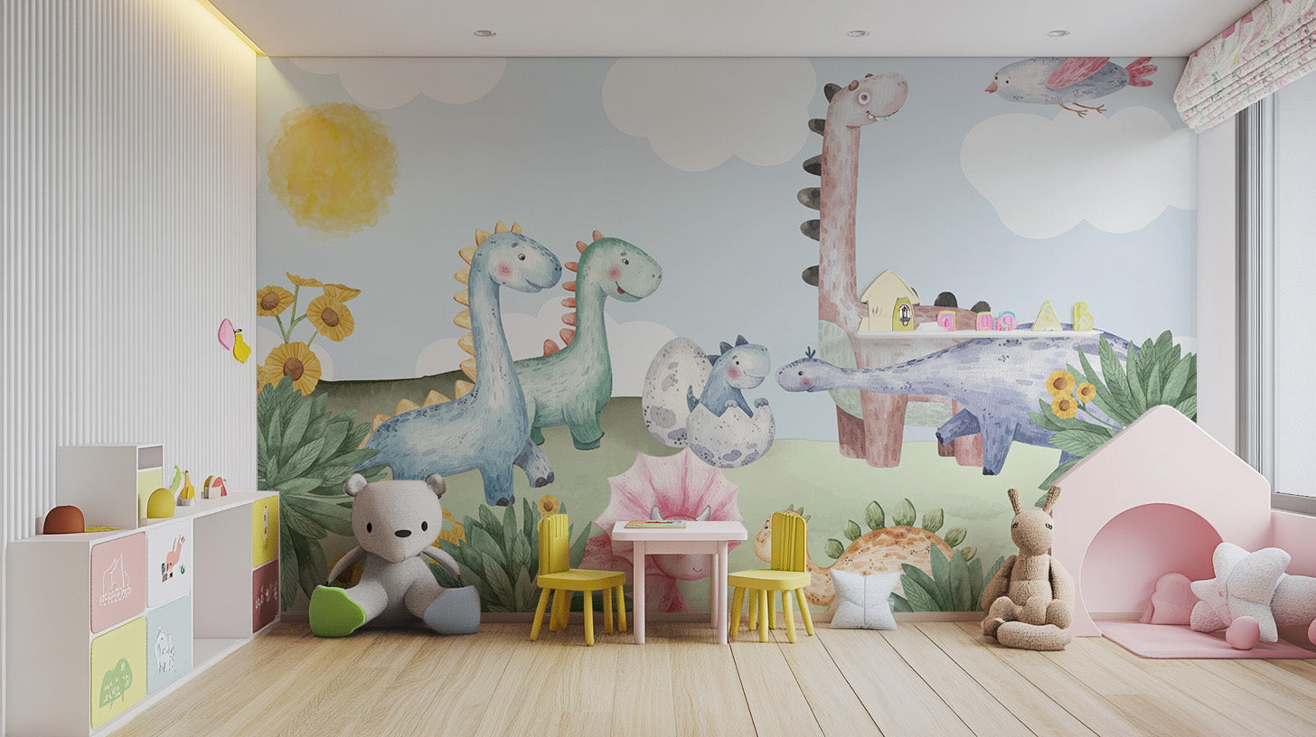 Dino Delight nursery mural with playful prehistoric creatures