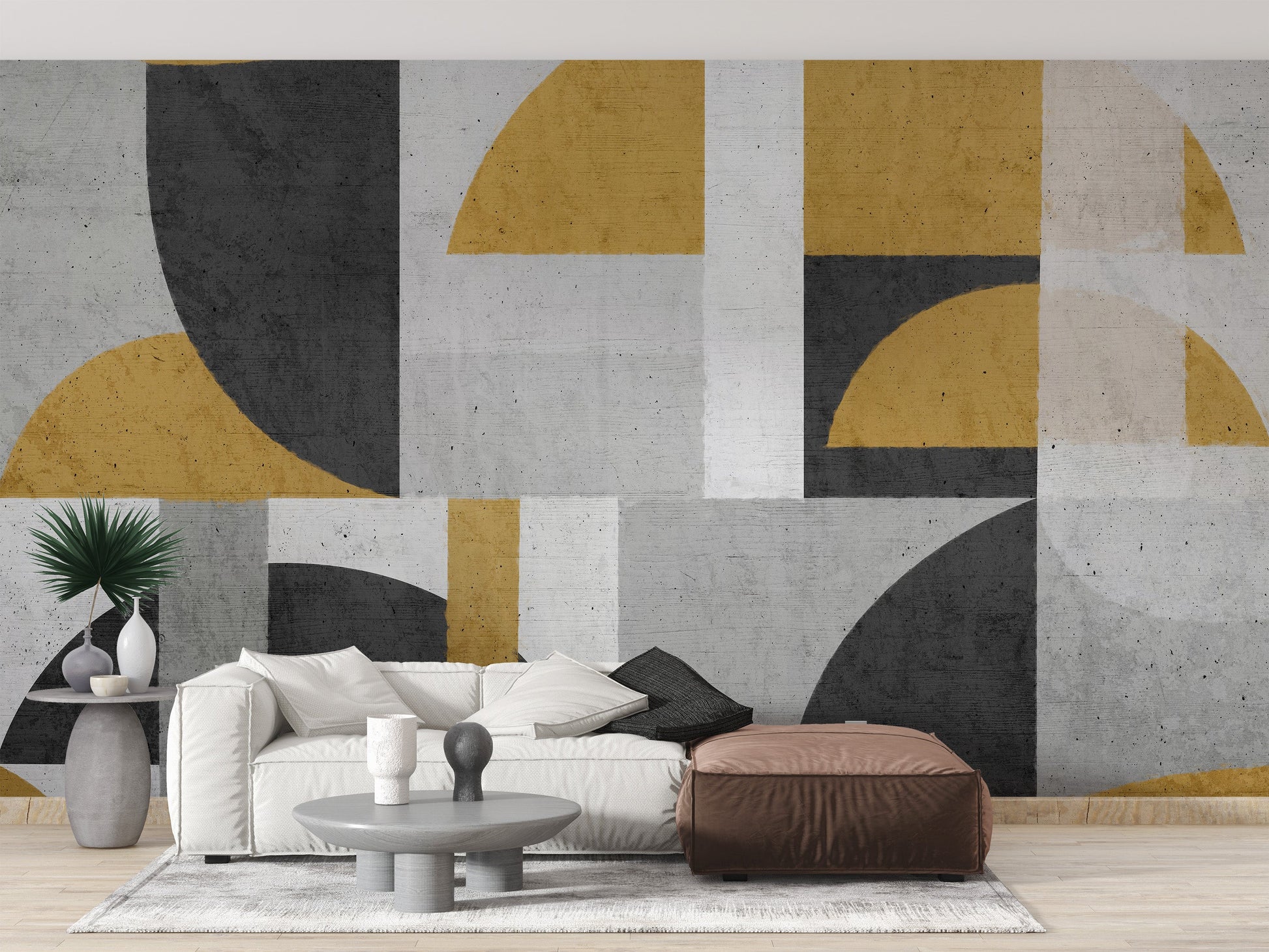 Yellow and grey geometric mural design