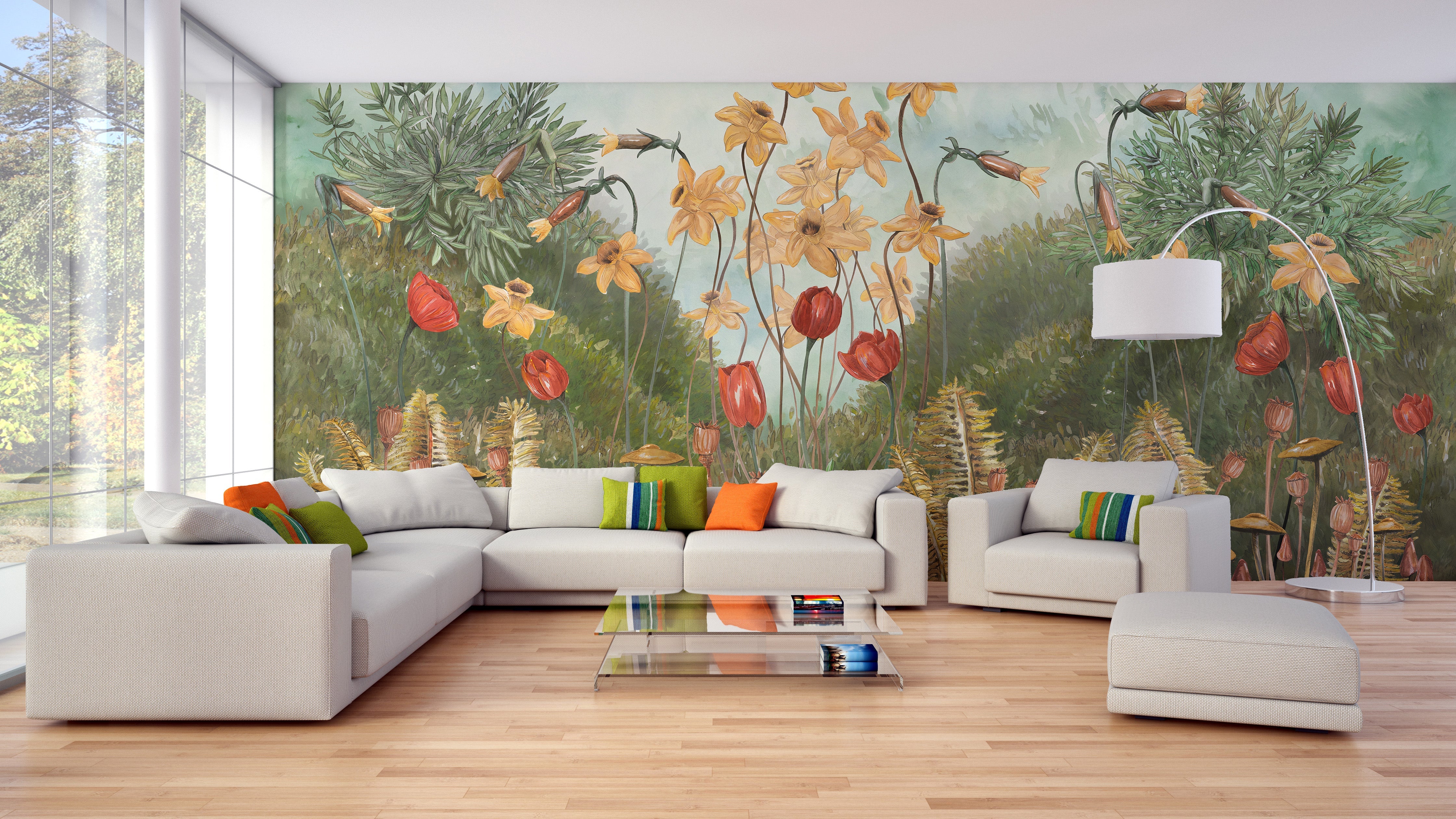 Nature-inspired watercolor forest flowers and plants mural