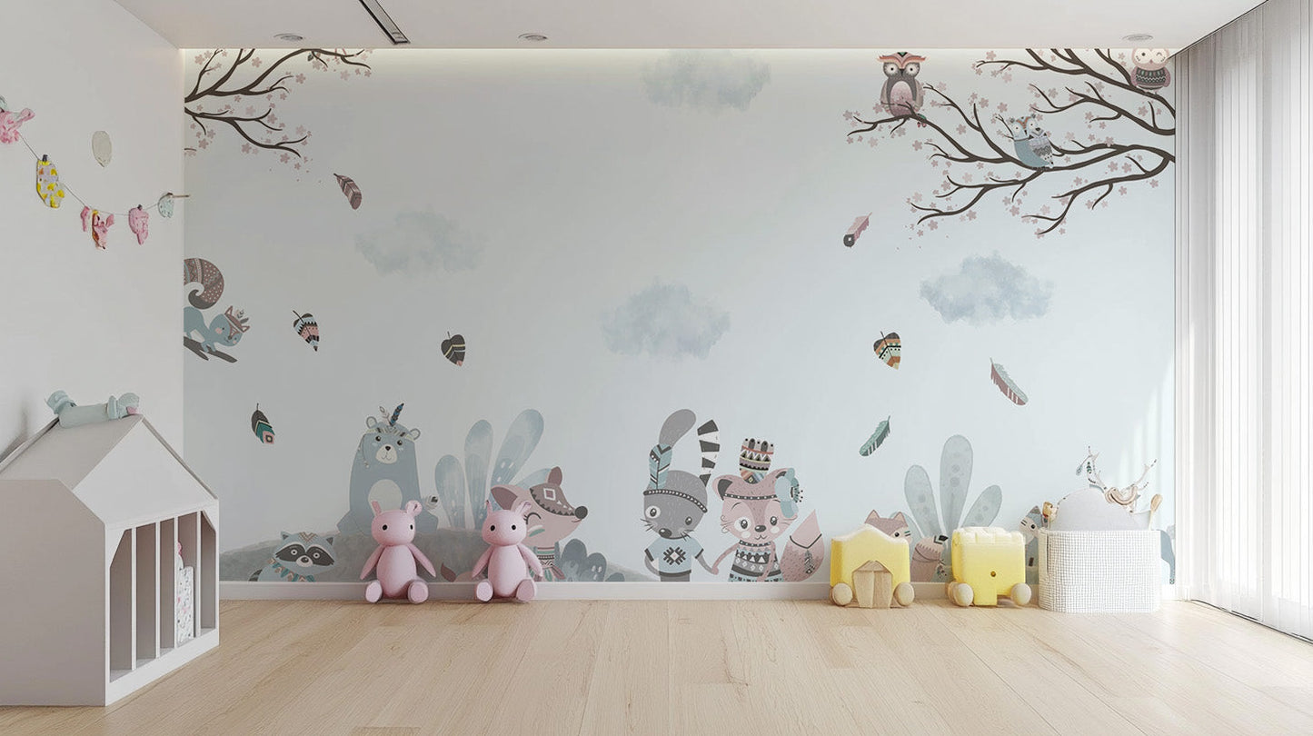 Storybook charm with adorable critters wall mural