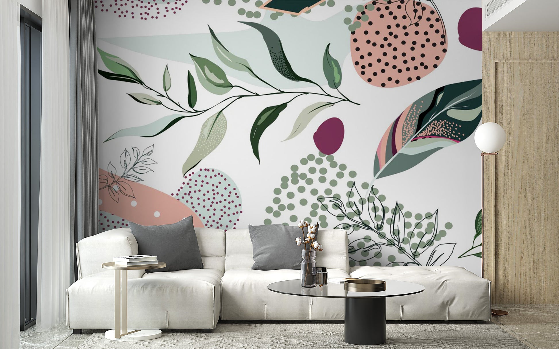 Abstract leaves wallpaper mural with a botanical design.