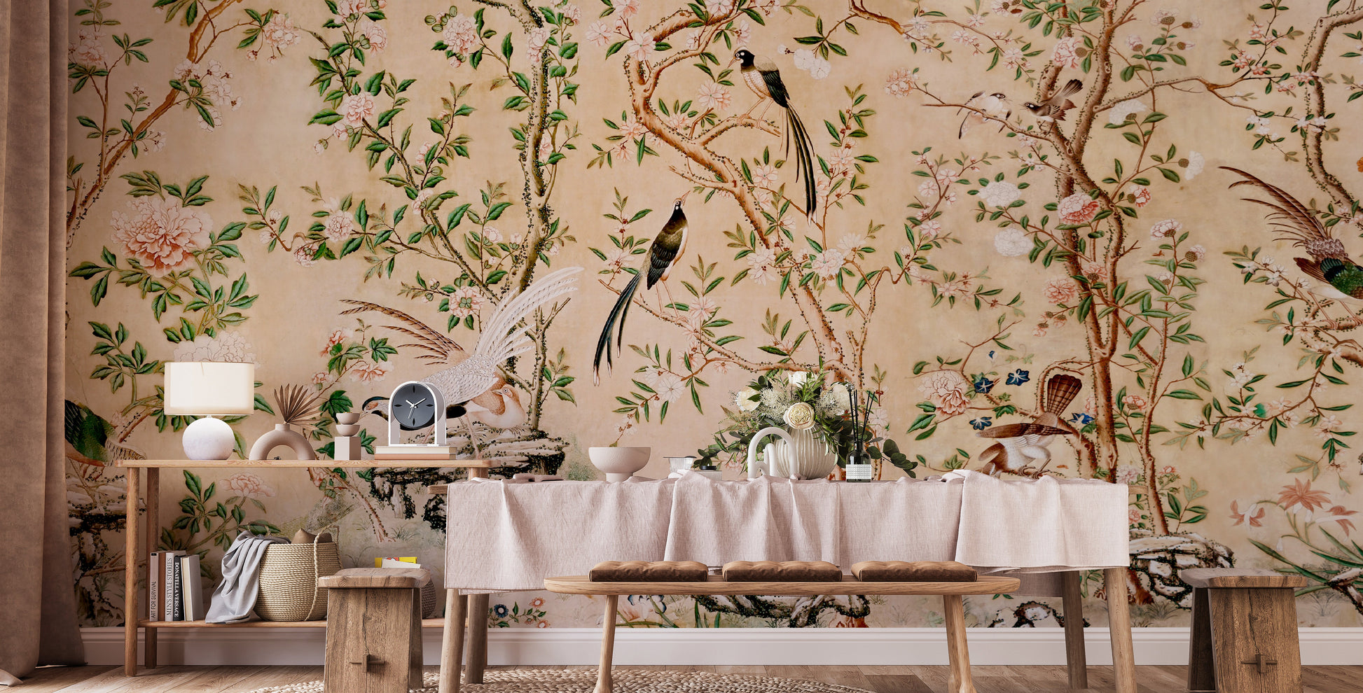 Wall mural with delicate chinoiserie floral design
