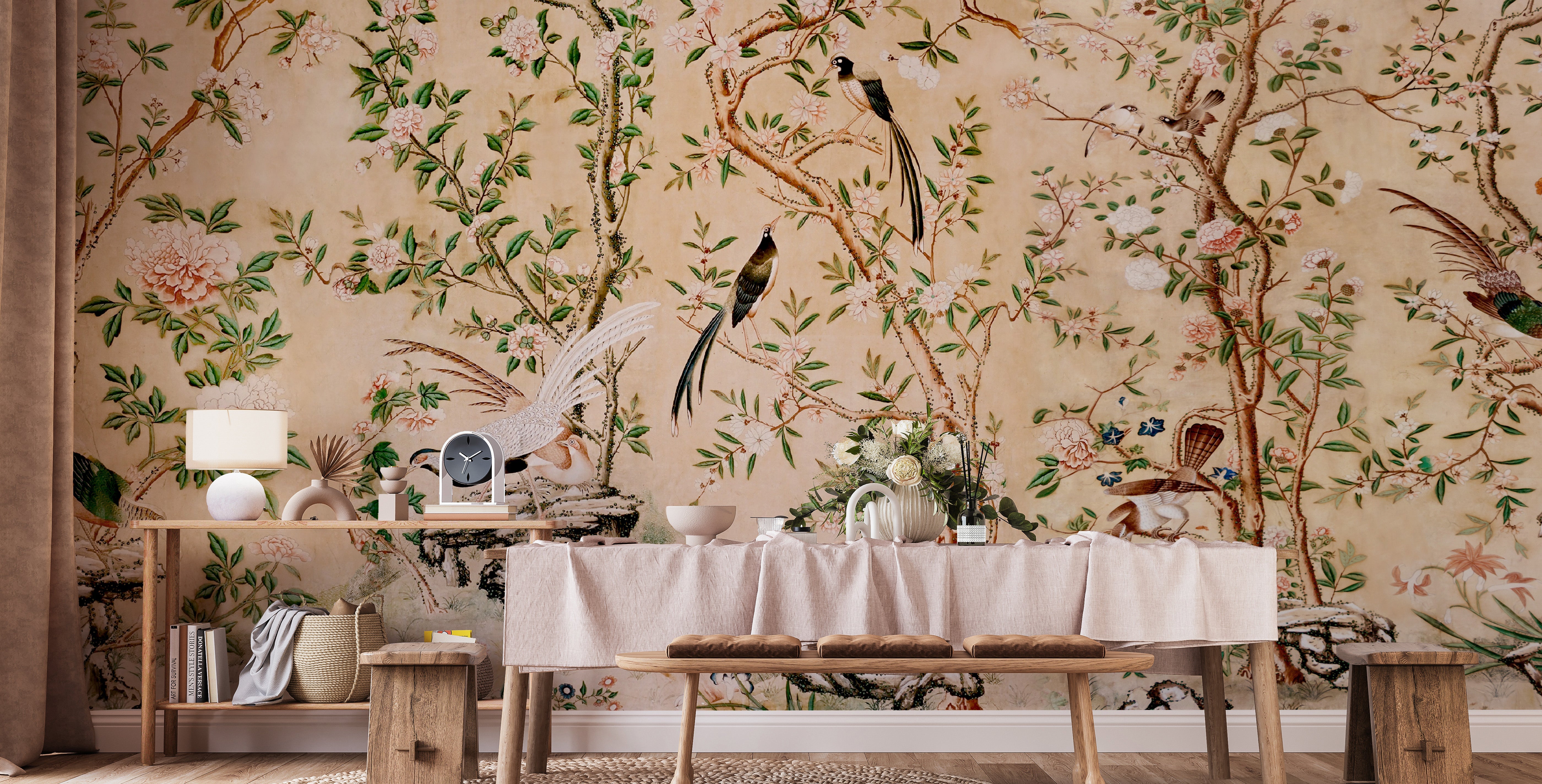 Wall mural with delicate chinoiserie floral design
