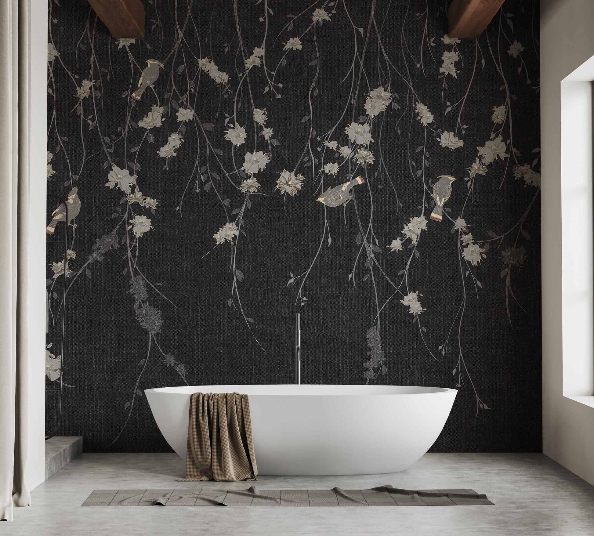 Dark black flowers and birds wallpaper mural design