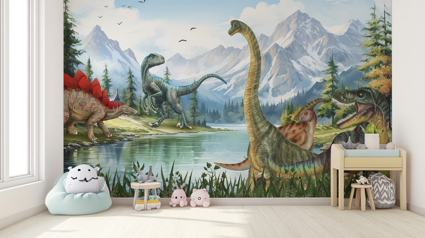 Prehistoric-themed wallpaper mural with Jurassic Valley dinosaurs.
