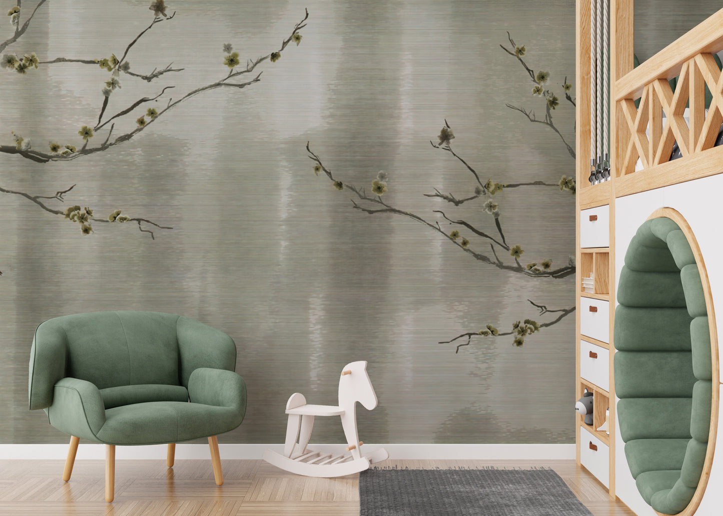 Serene Japanese mural wallpaper featuring cherry blossoms.