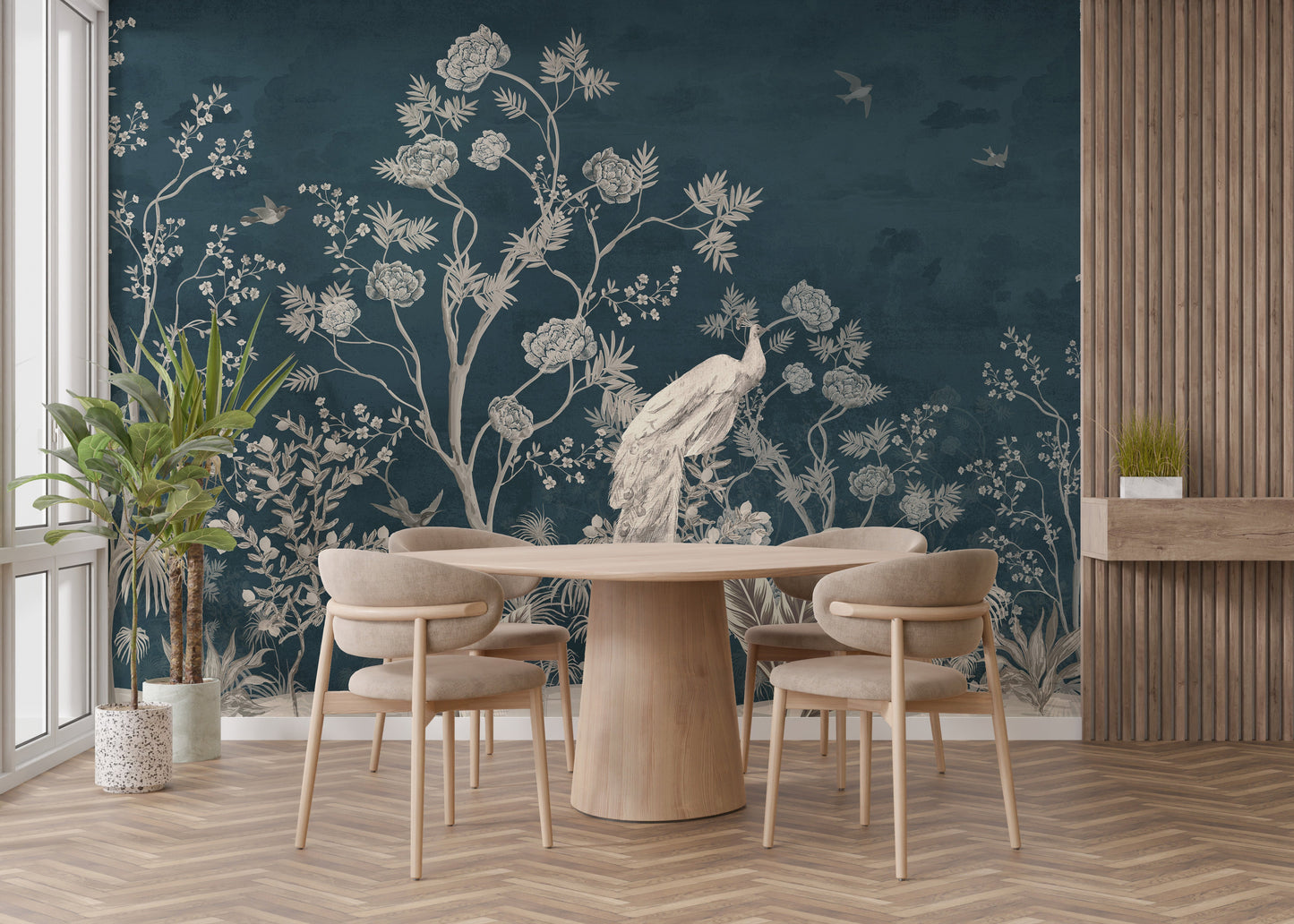 Artistic Natural Green & Blue Tropical Peacocks Wallpaper Mural - Giffywalls