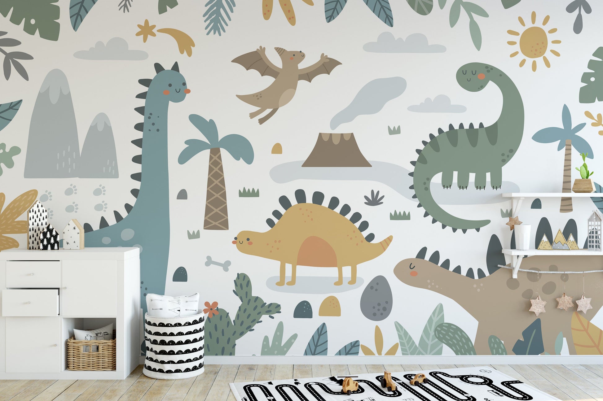 Vibrant dinosaur-themed wallpaper mural for adventurous decor.