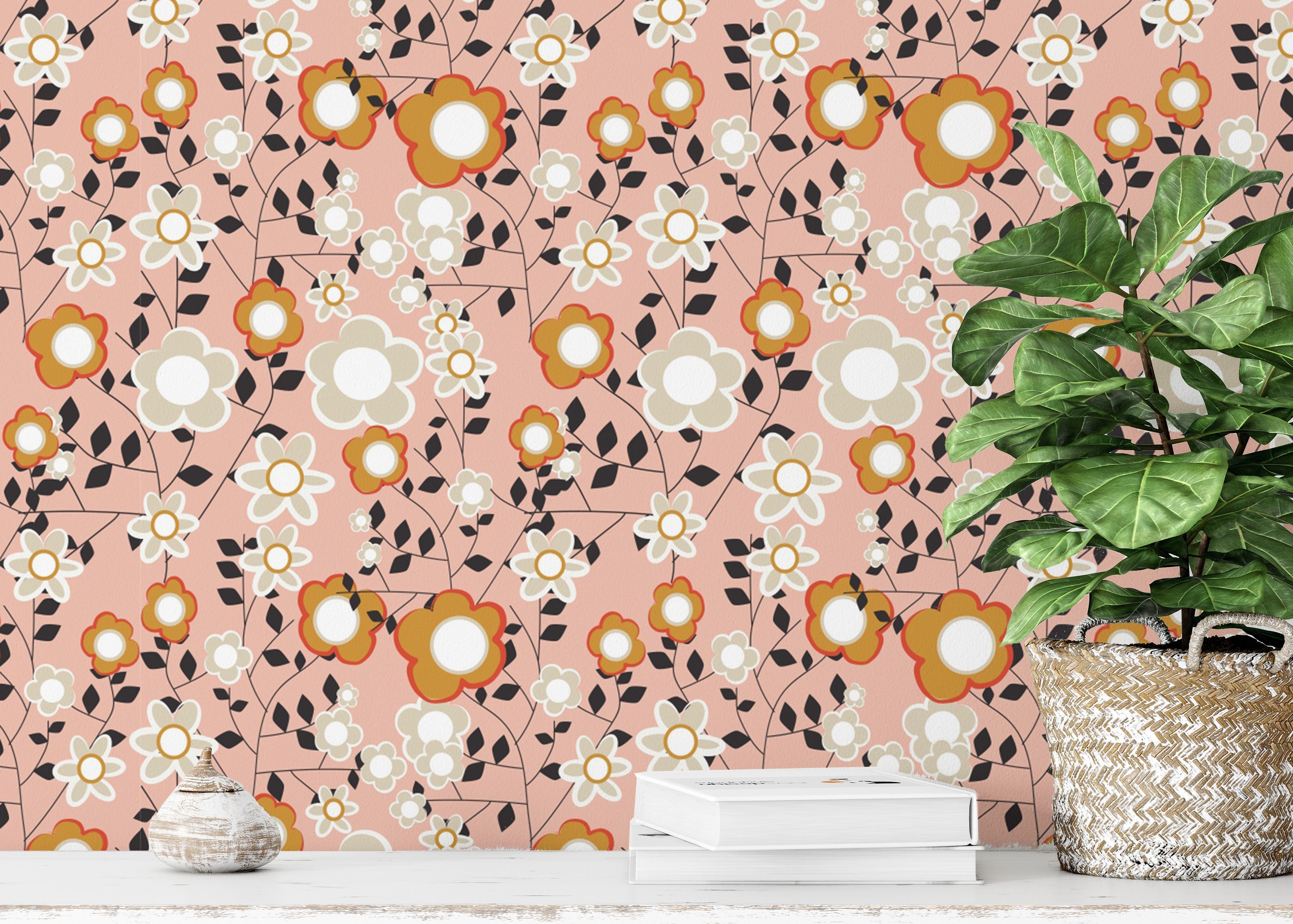 Botanical pink wallpaper with white blossoms
