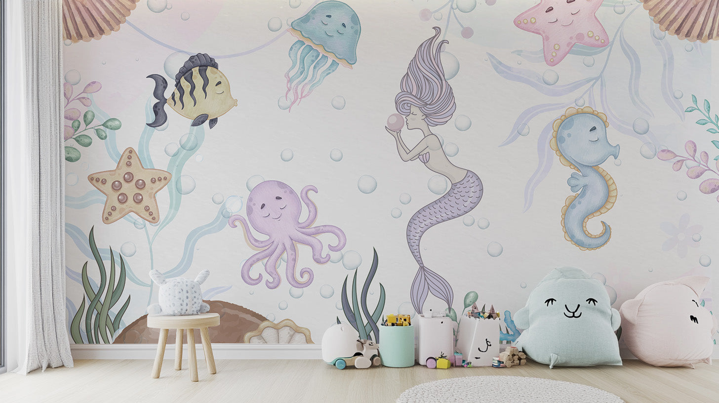 Whimsical aquatic playland wallpaper for an imaginative space