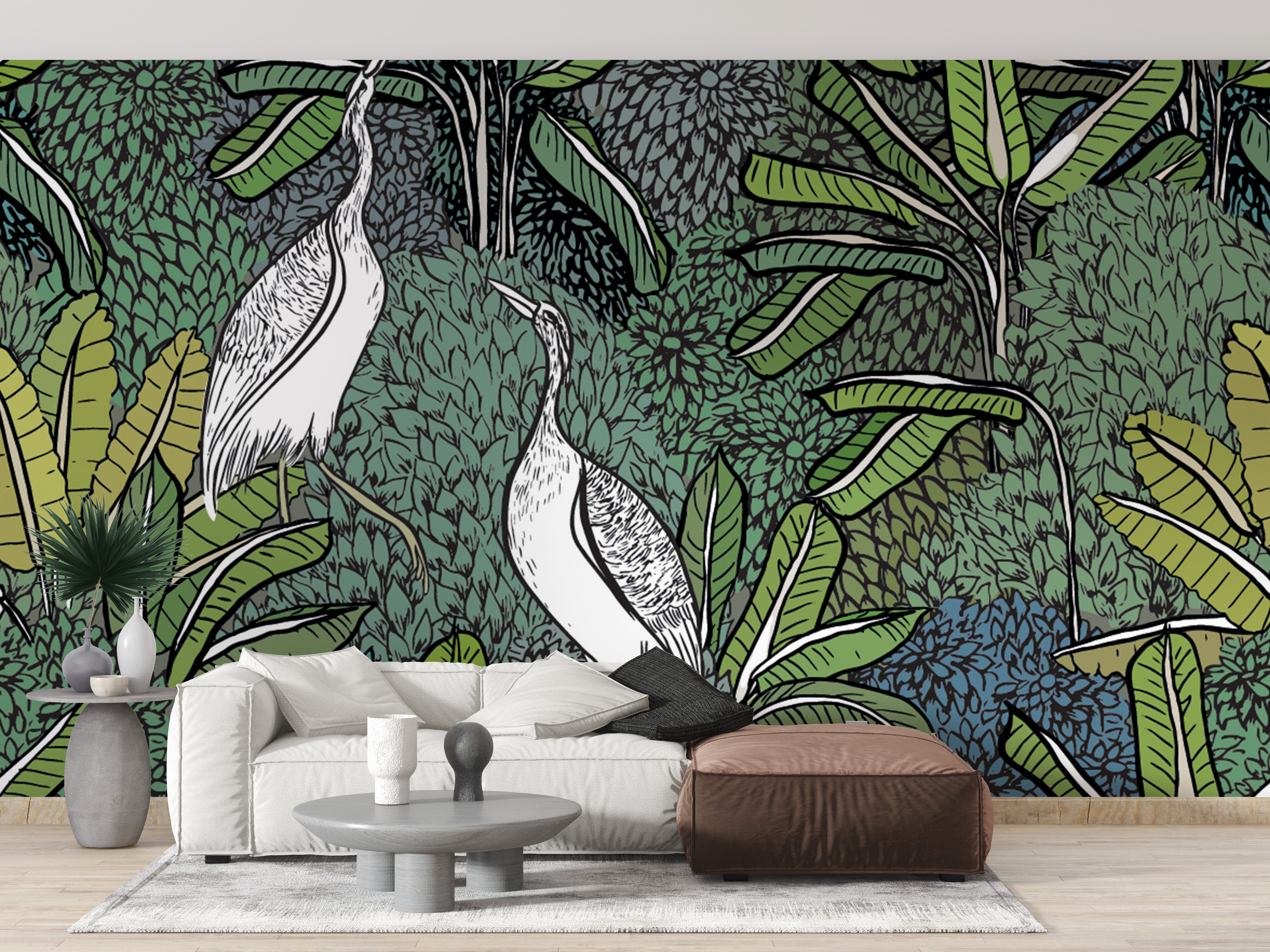 White Crane Birds & Green Tropical Plants Wallpaper - Giffywalls