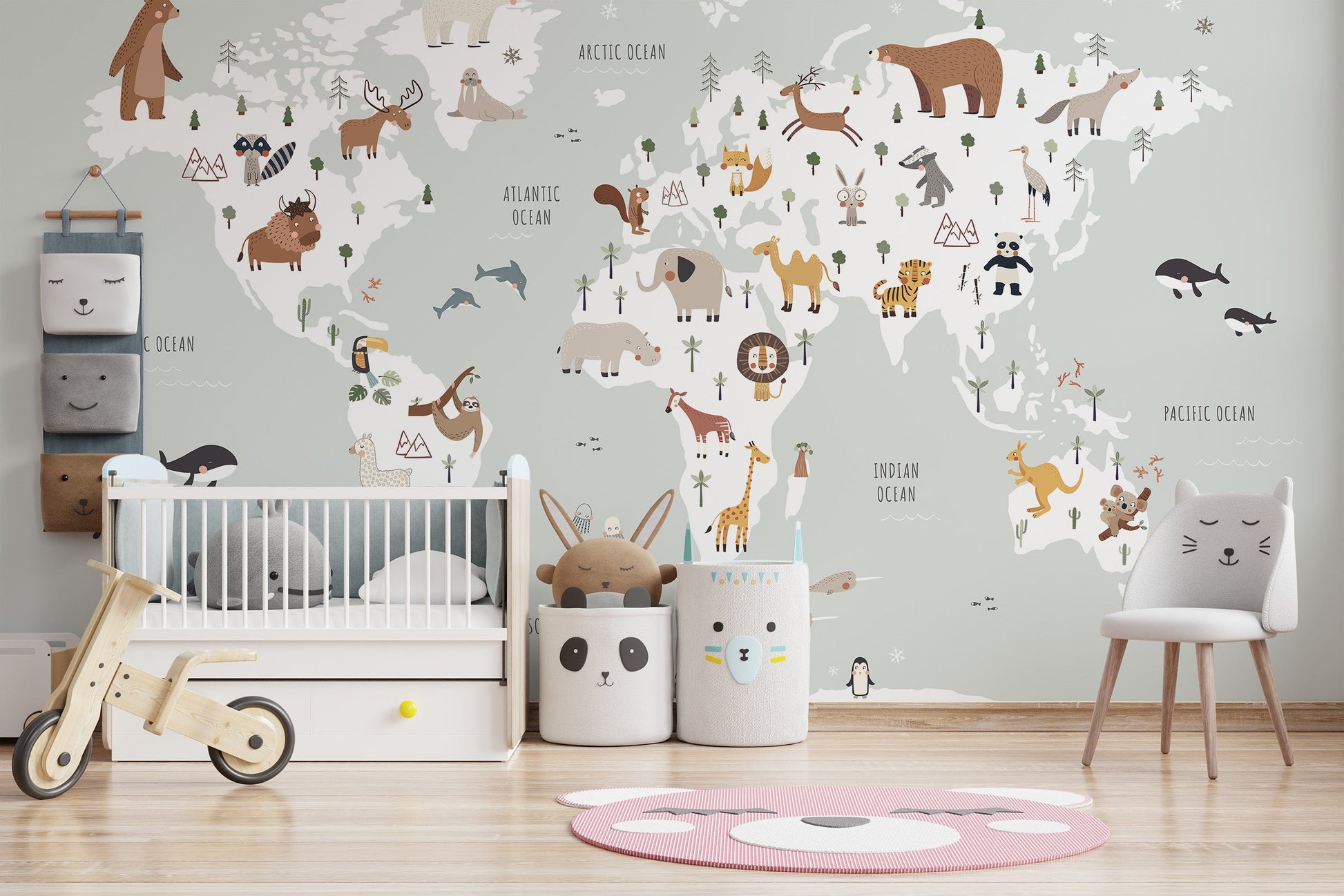 Nursery wall mural with adorable animal map
