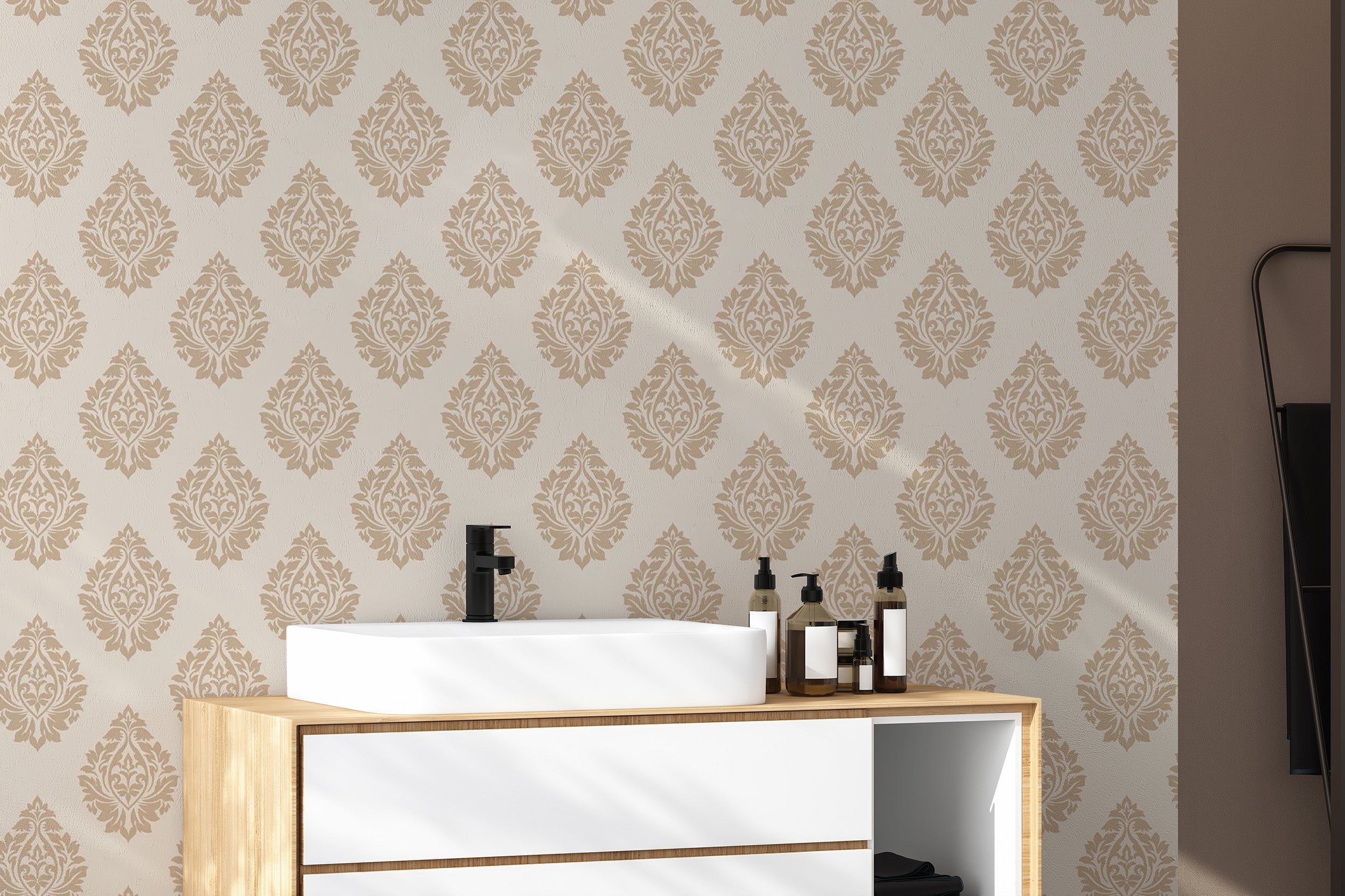 Timeless beige Victorian damask wallpaper with intricate designs.
