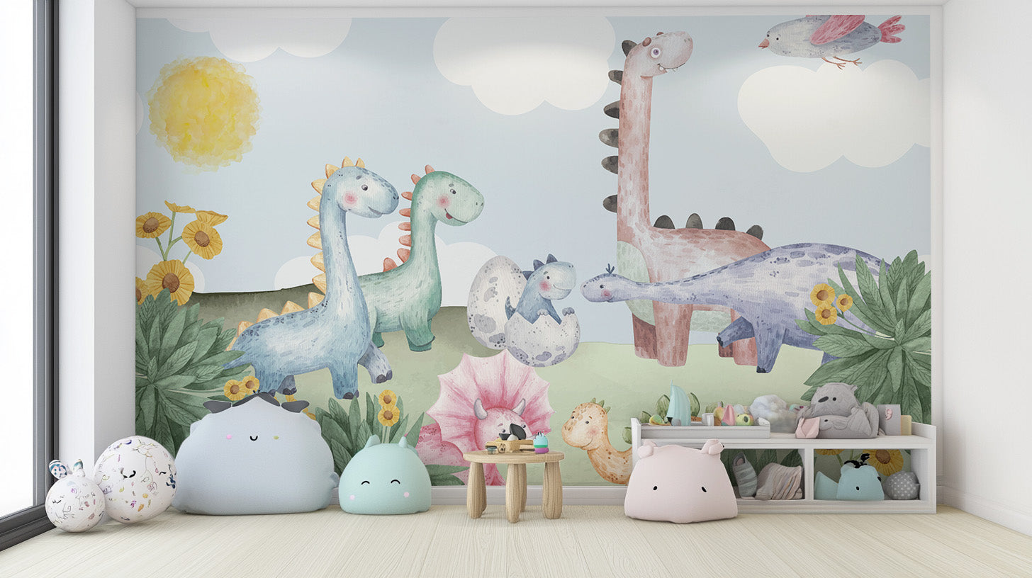 Dino Delight nursery mural with playful dinosaur designs