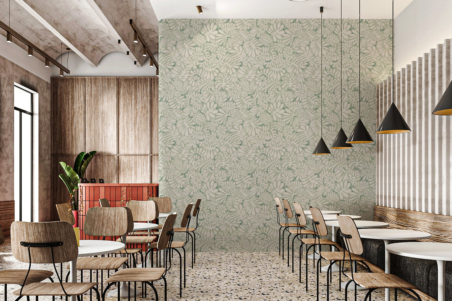 Removable wallpaper with sage green leaf patterns