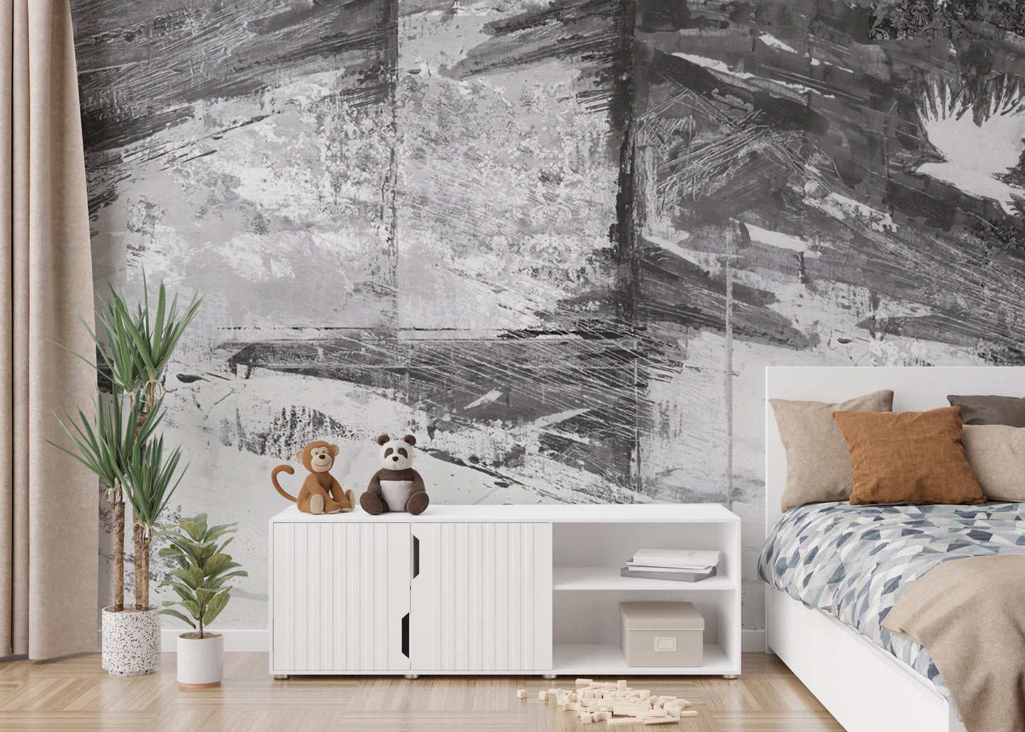 Bold and dynamic grunge wallpaper for unconventional spaces.
