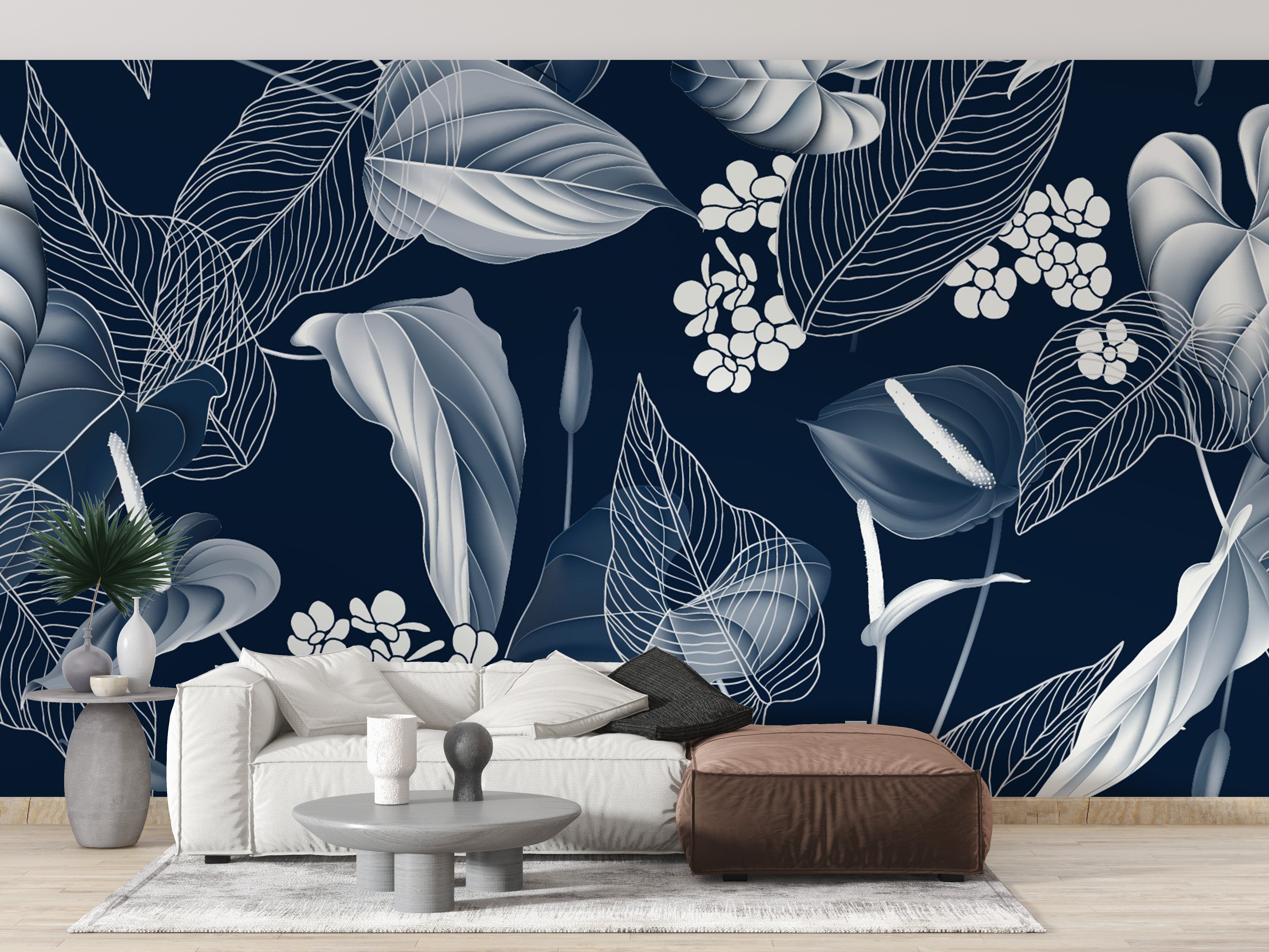 Dark Blue Anthurium & Blue Leaves Wallpaper - Giffywalls