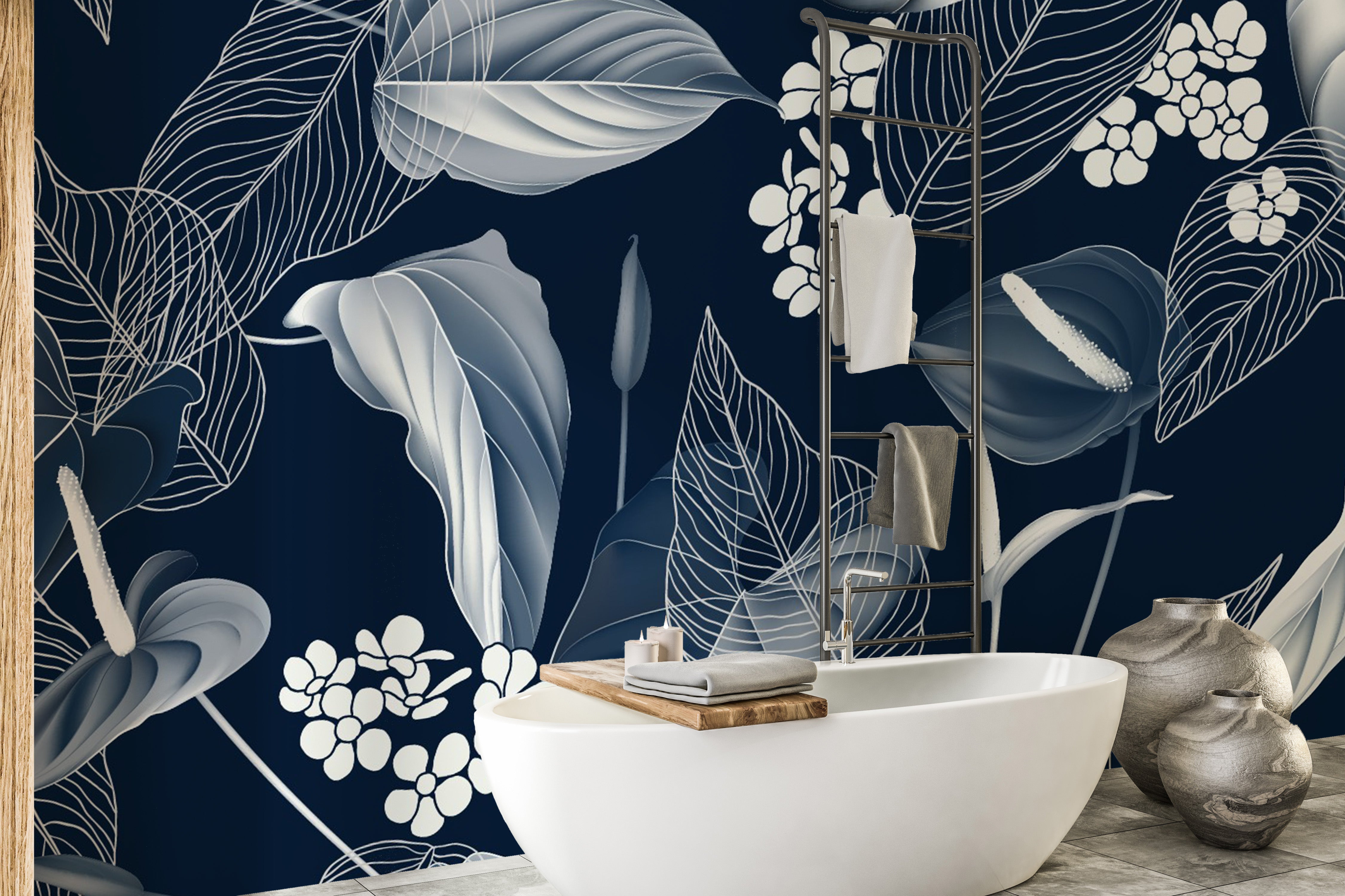 Dark Blue Anthurium & Blue Leaves Wallpaper - Giffywalls