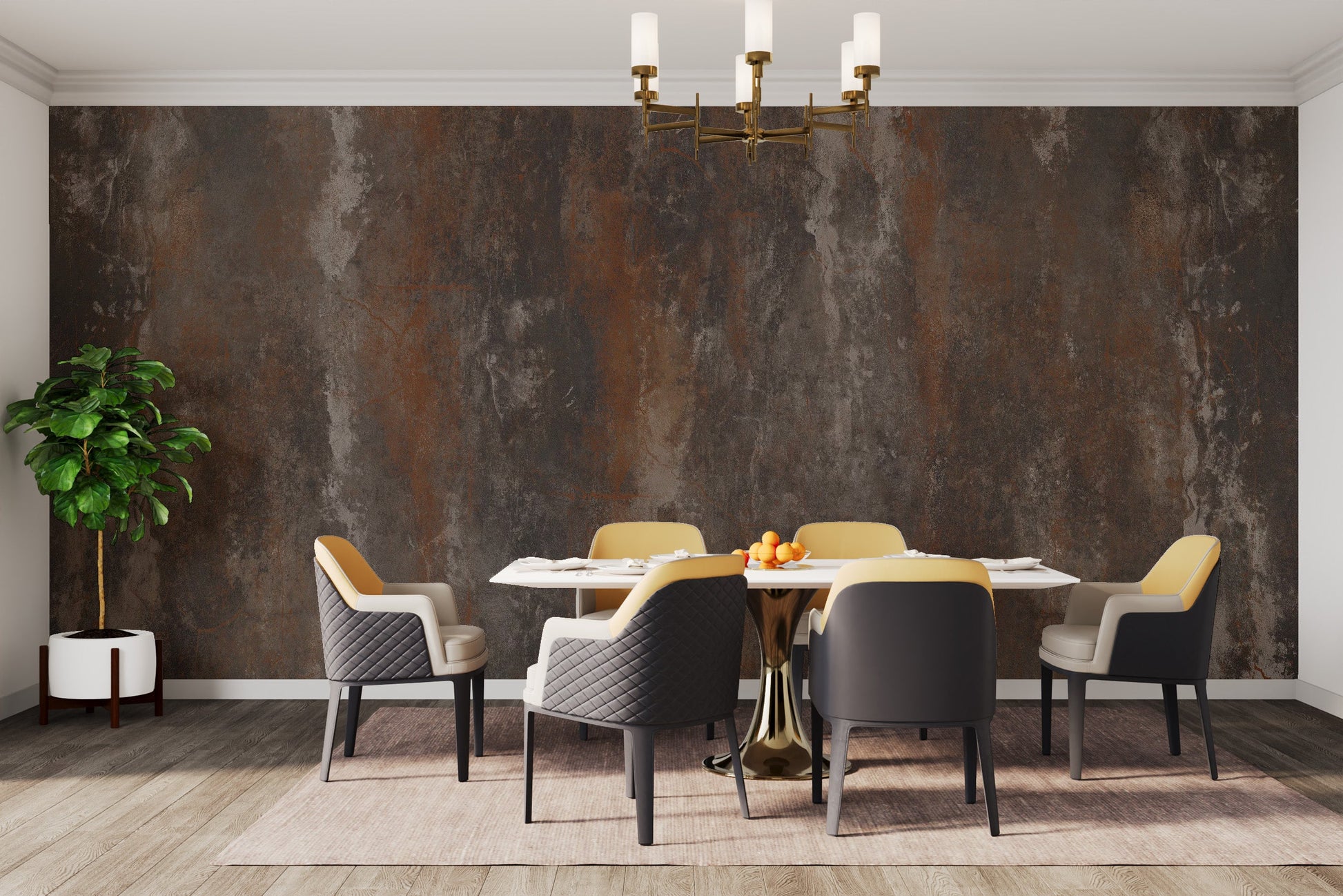 Rustic Metal Texture wallpaper sets the tone in dining rooms