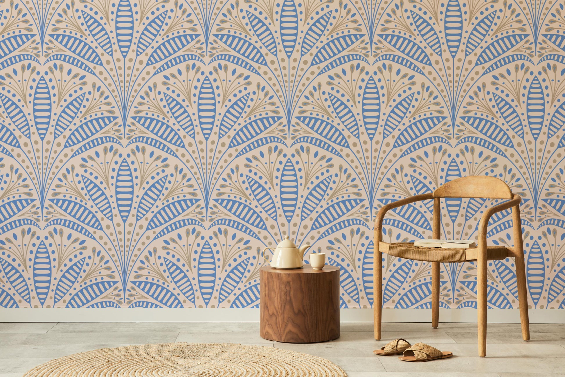 Stylish blue palm wallpaper for modern Art Deco-inspired decor.
